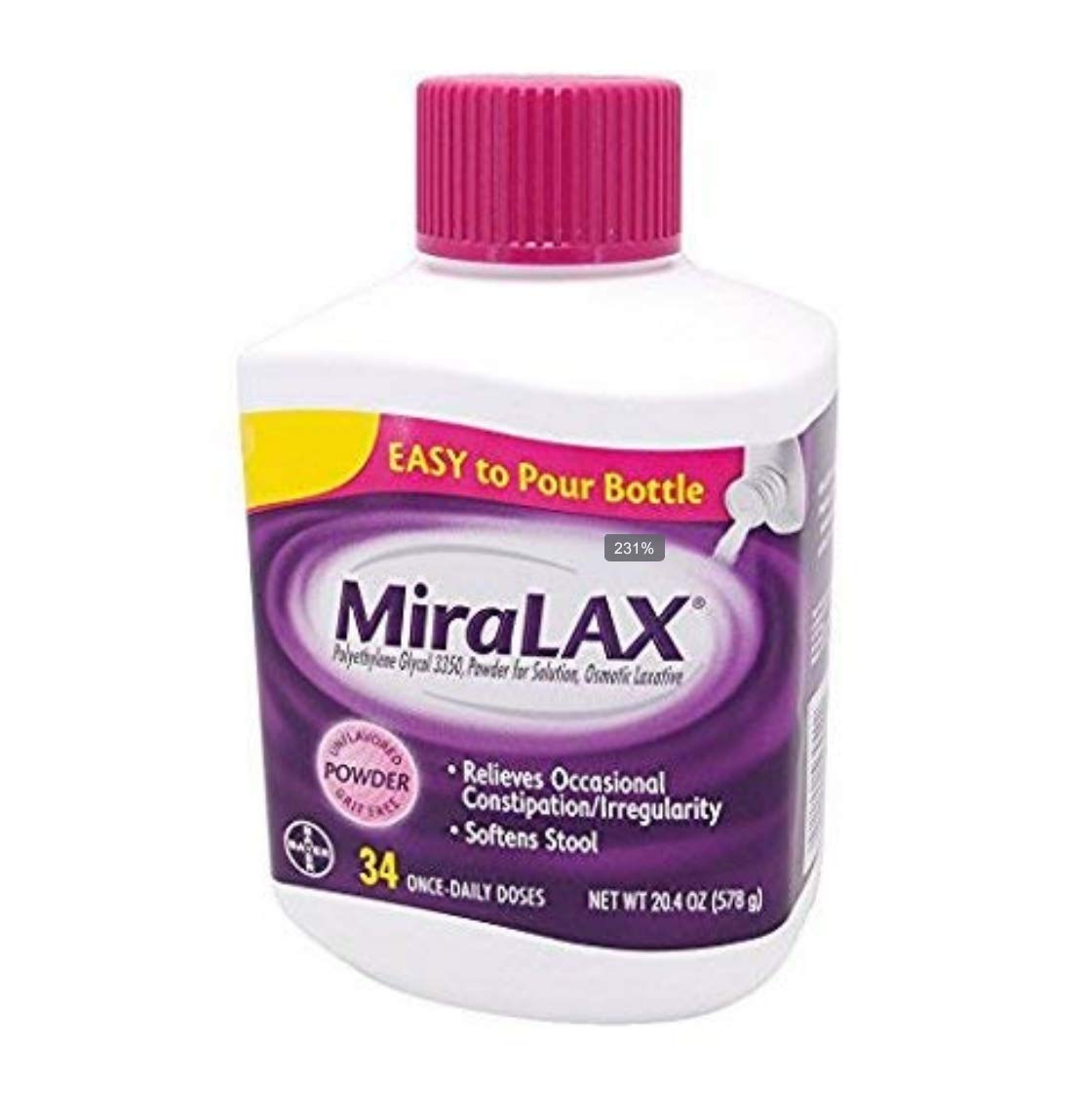 MiraLAX polvo en caja nueva, listo para uso diario y almacenamiento cómodo.
