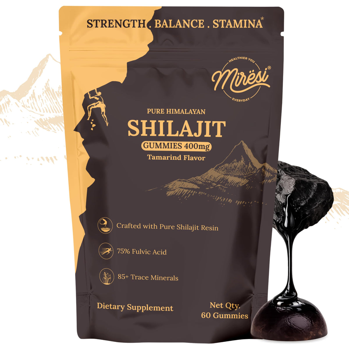 Miresi gomitas Shilajit tamarindo en botella, ideal para energía diaria.