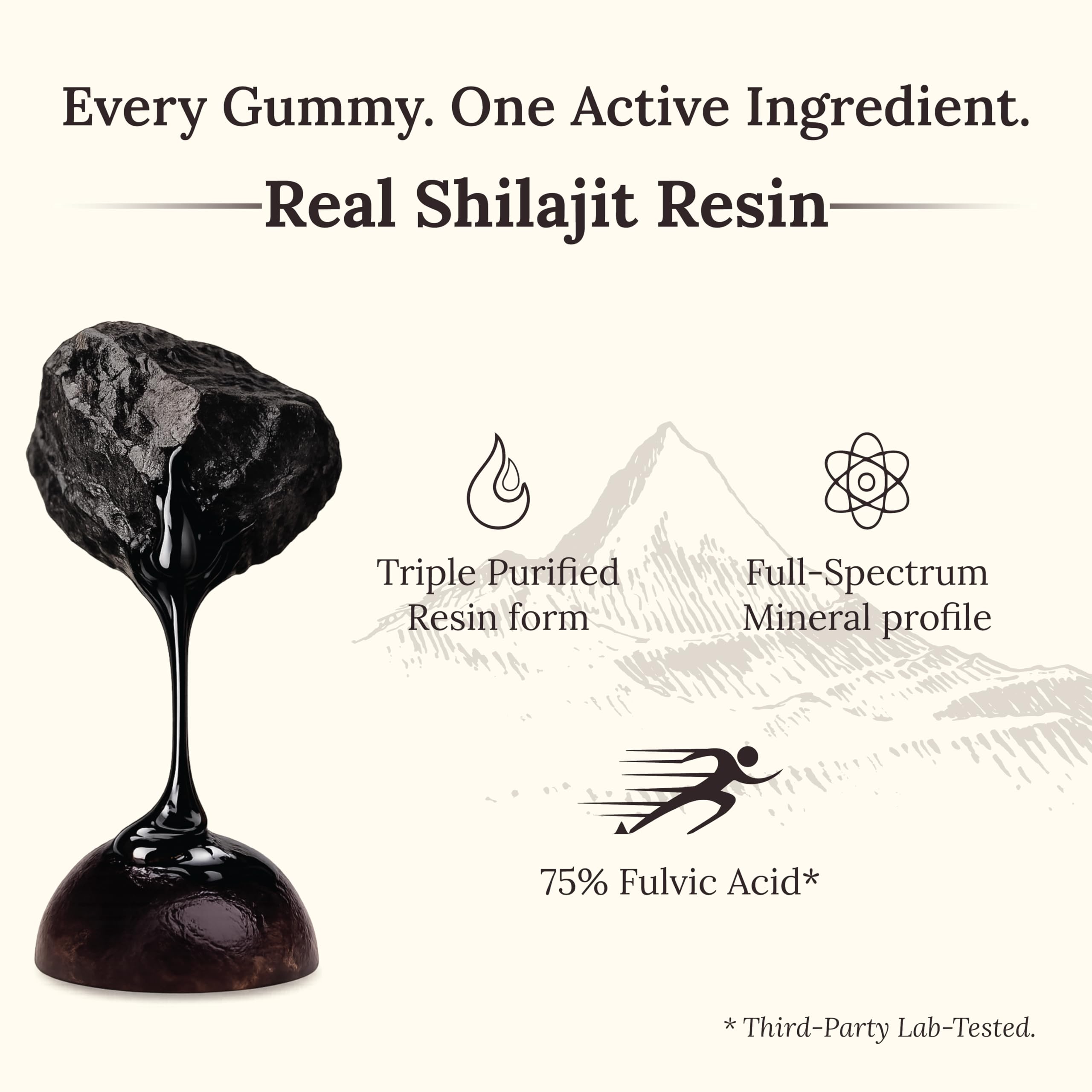 Etiqueta de Miresi Shilajit gomitas tamarindo destacando pureza.