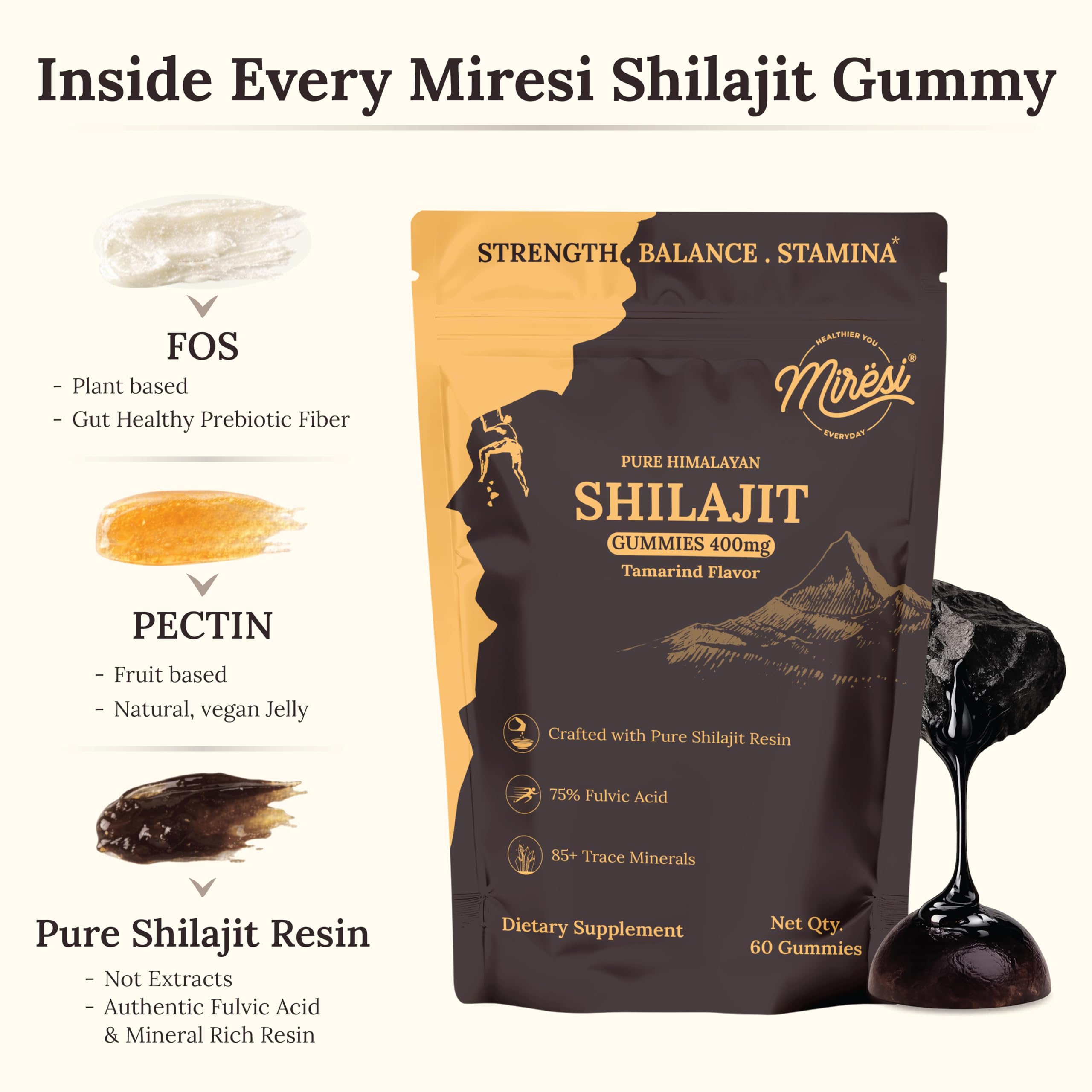 Textura jugosa de gomitas Shilajit tamarindo de Miresi.