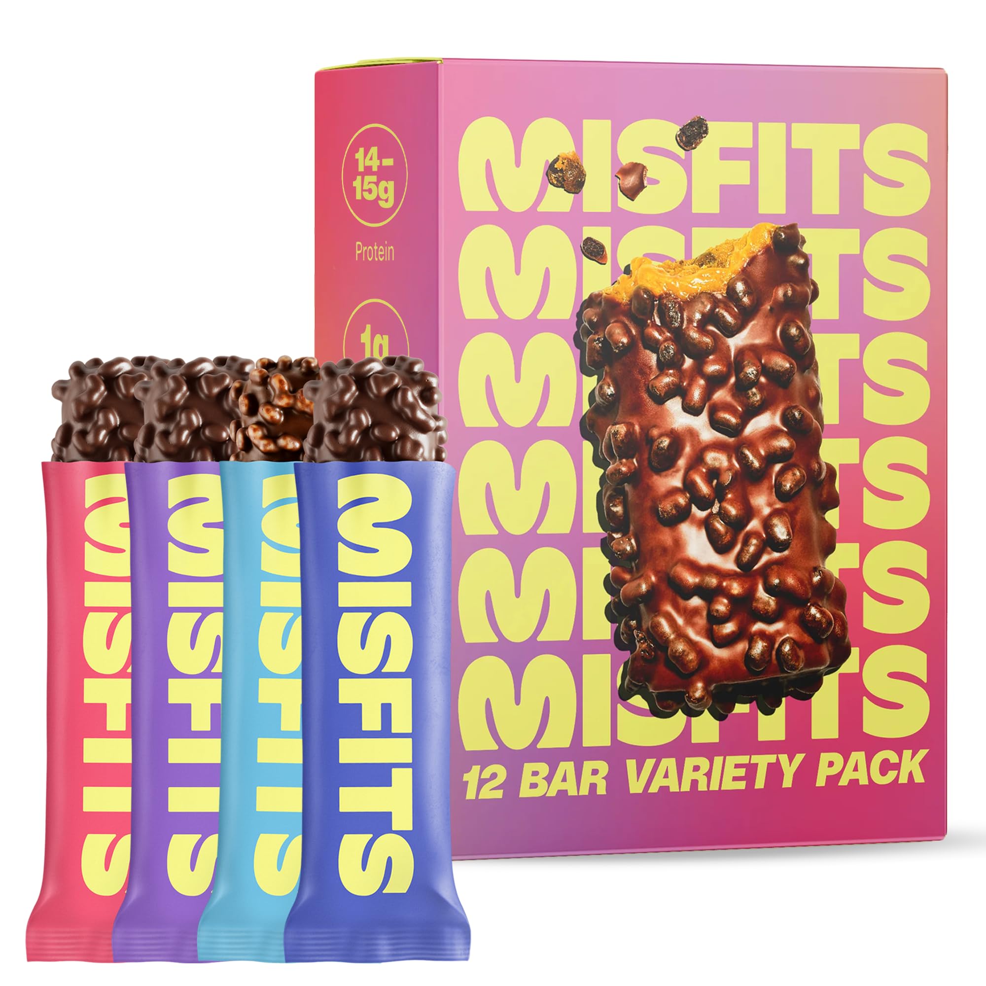 Barra Misfits de variedad, empaque visible, snack práctico para energía diaria.