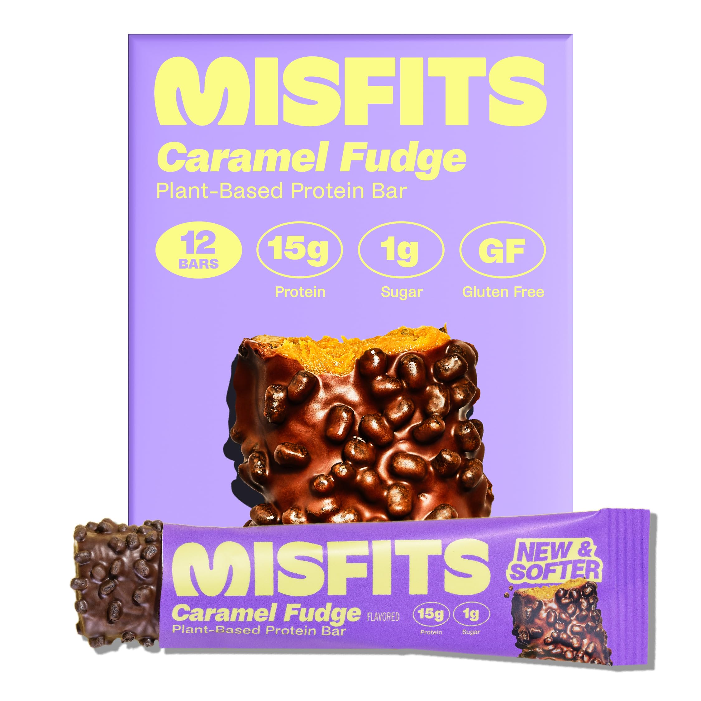 Misfits barra vegana con centro caramelo cremoso, tentempié proteico indulgente.