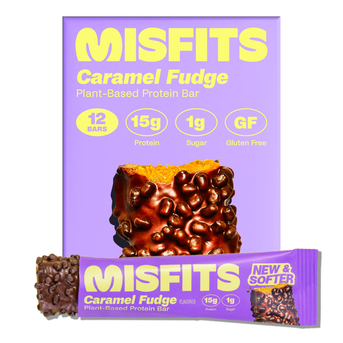 Misfits barra vegana con centro caramelo cremoso, tentempié proteico indulgente.