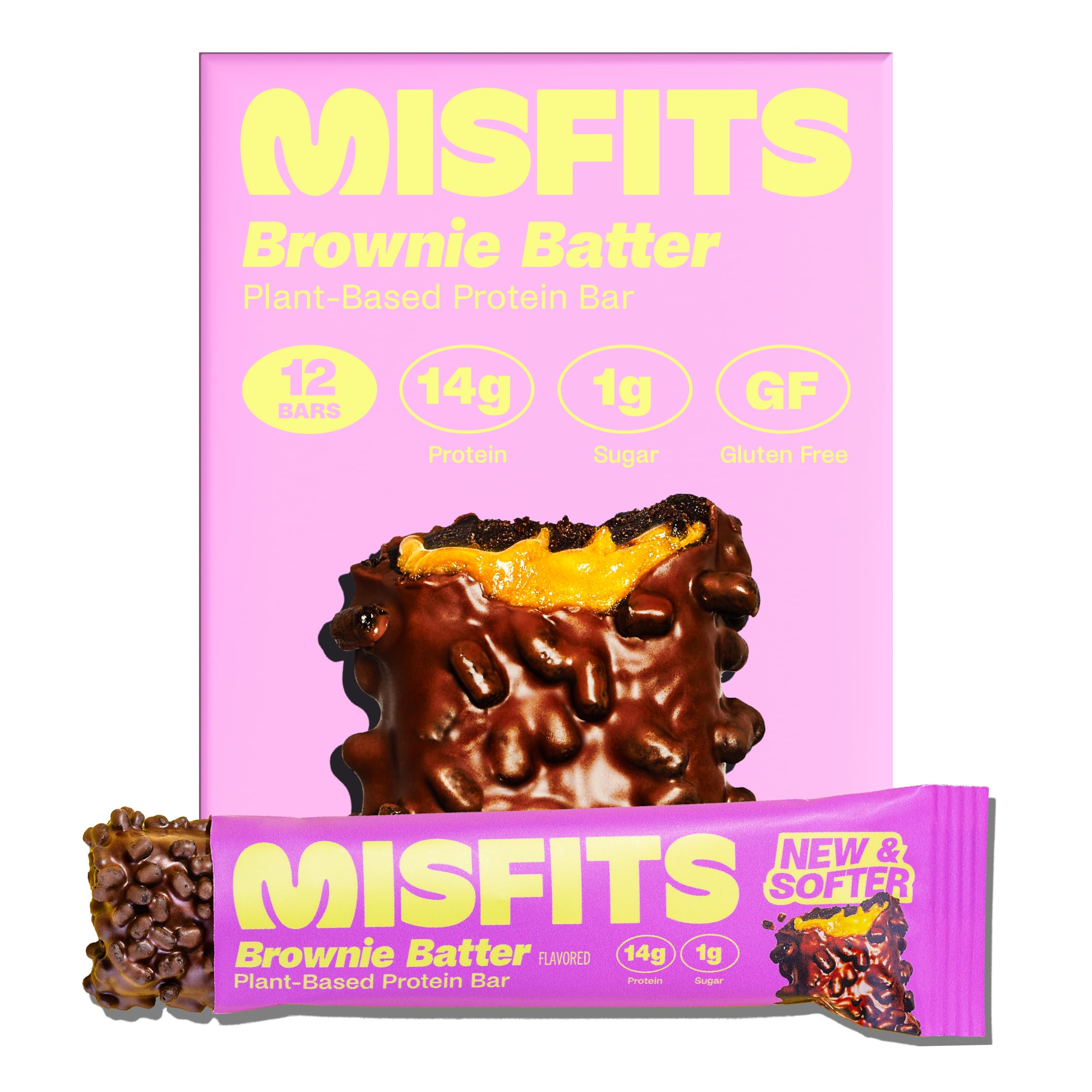 Misfits barras proteína veganas, centro brownie denso: snack chocolateado para recargar energía.