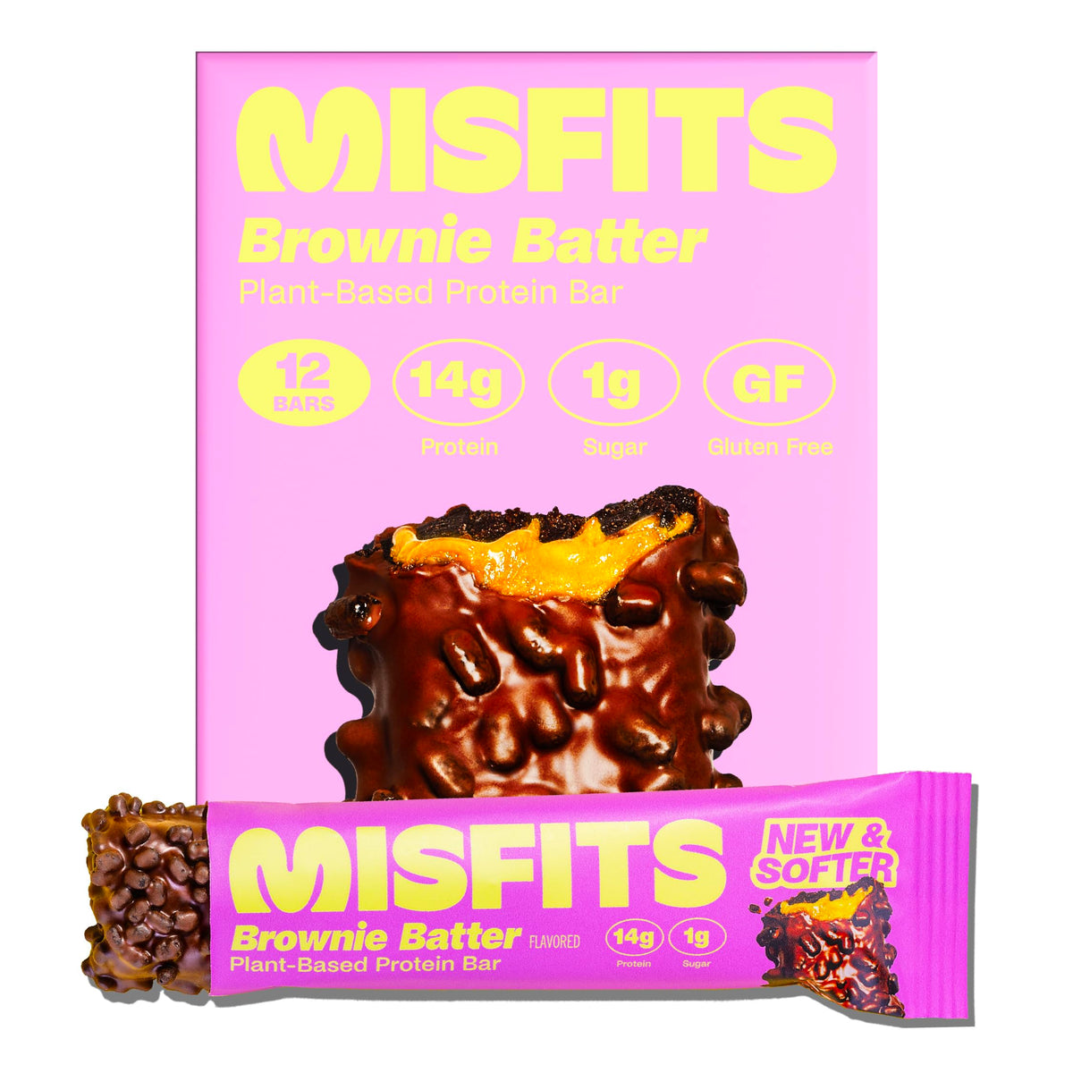 Misfits barras proteína veganas, centro brownie denso: snack chocolateado para recargar energía.