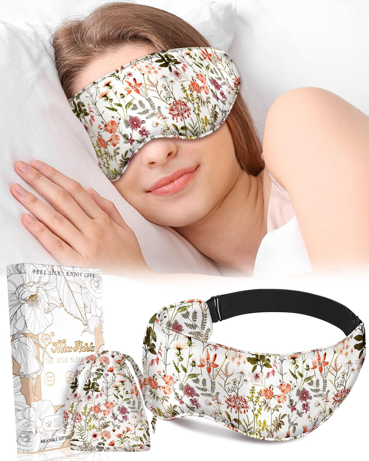 Miss Adola máscara de ojos seda Mulberry con diseño floral para uso diario