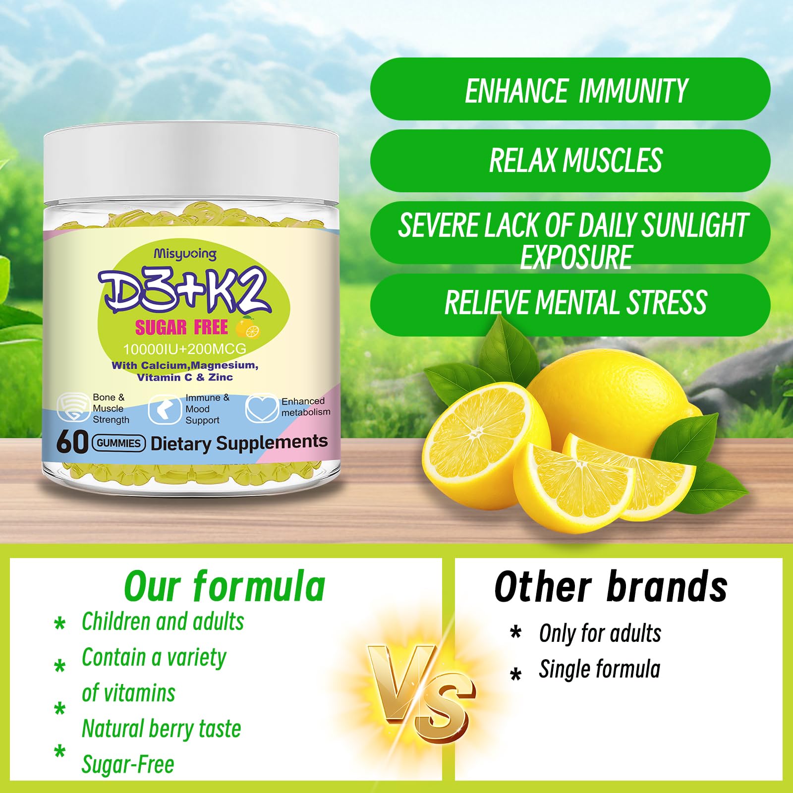 Ingredientes clave de Misyvoing: D3, K2 y vitamina C para nutrición diaria.