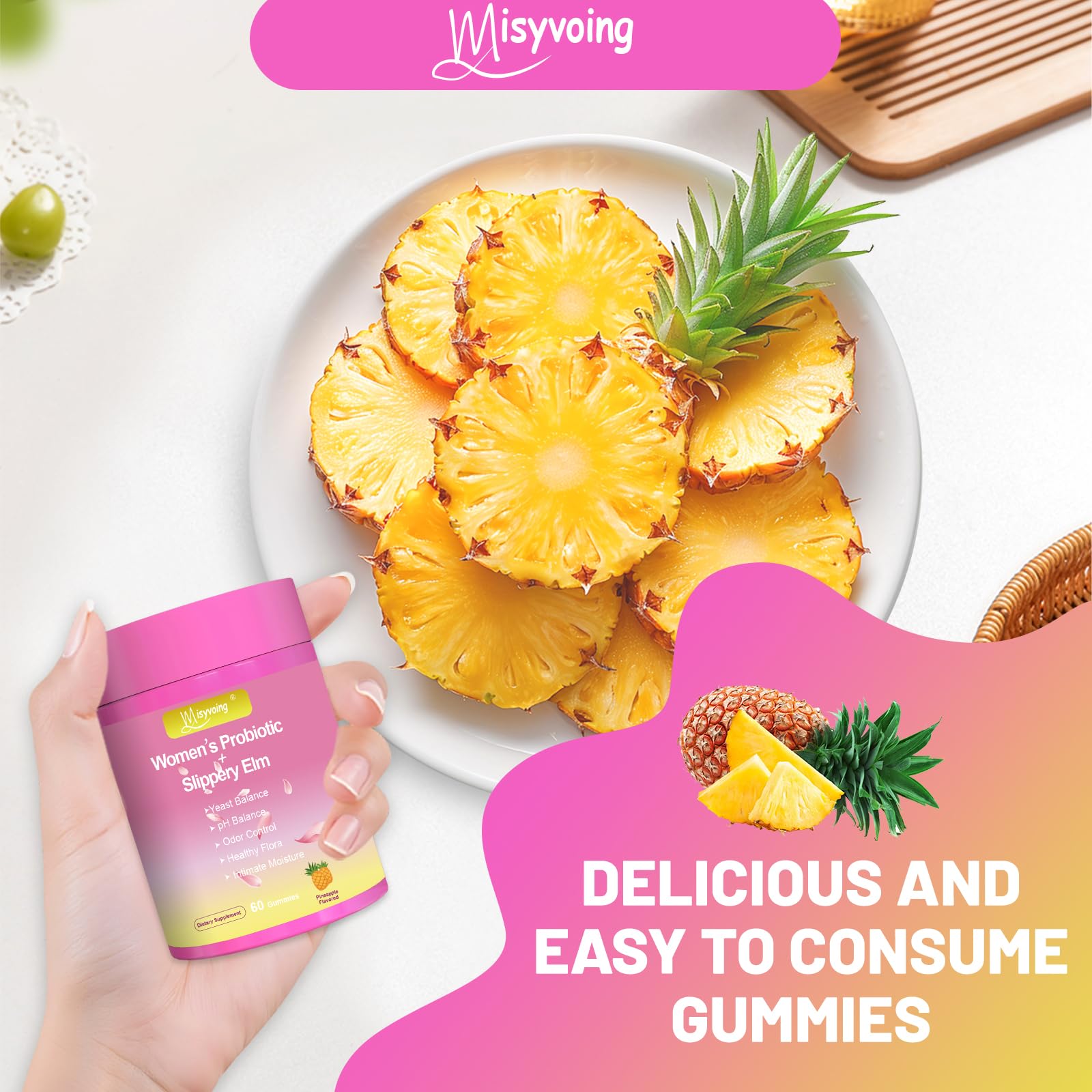 Gomas Misyvoing, ingredientes olmo-resbaladizo para confort e hidratación.