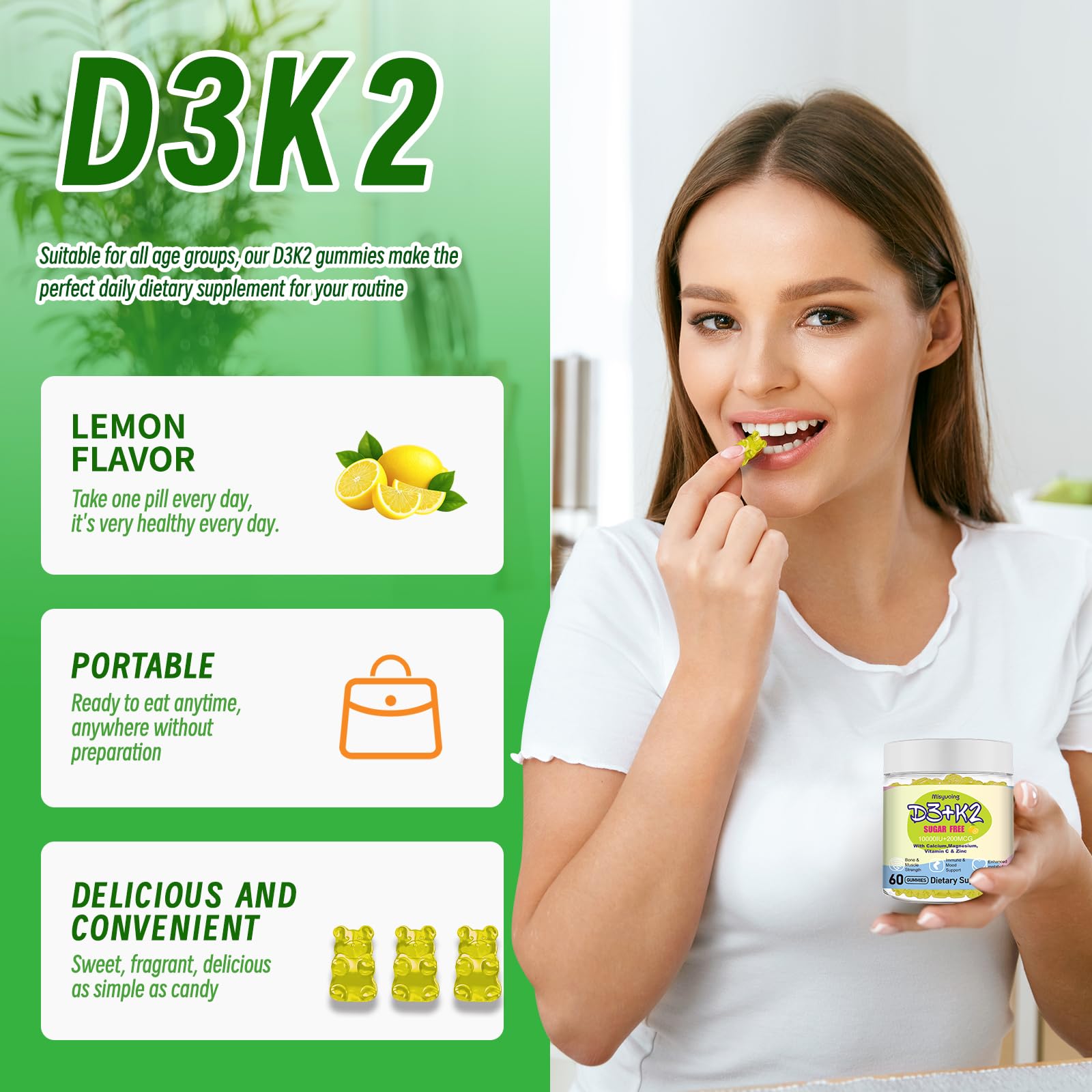 Uso diario: dos gominolas de Misyvoing para disfrutar sabor y nutrientes.