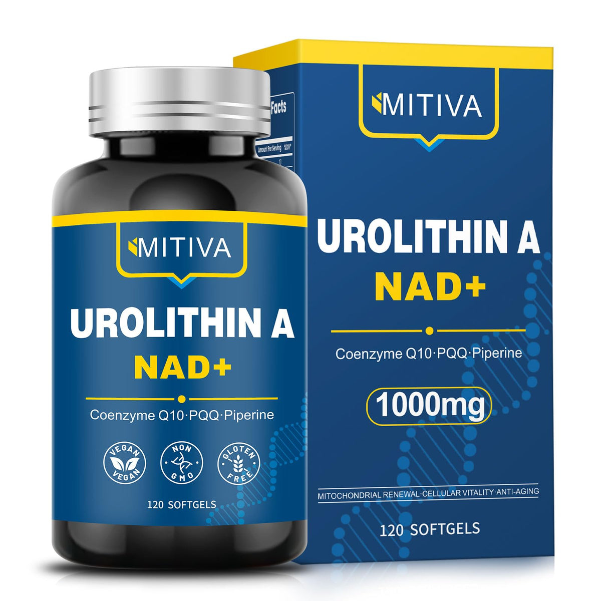MITIVA Urolithin A: cápsulas blandas en botella para energía diaria