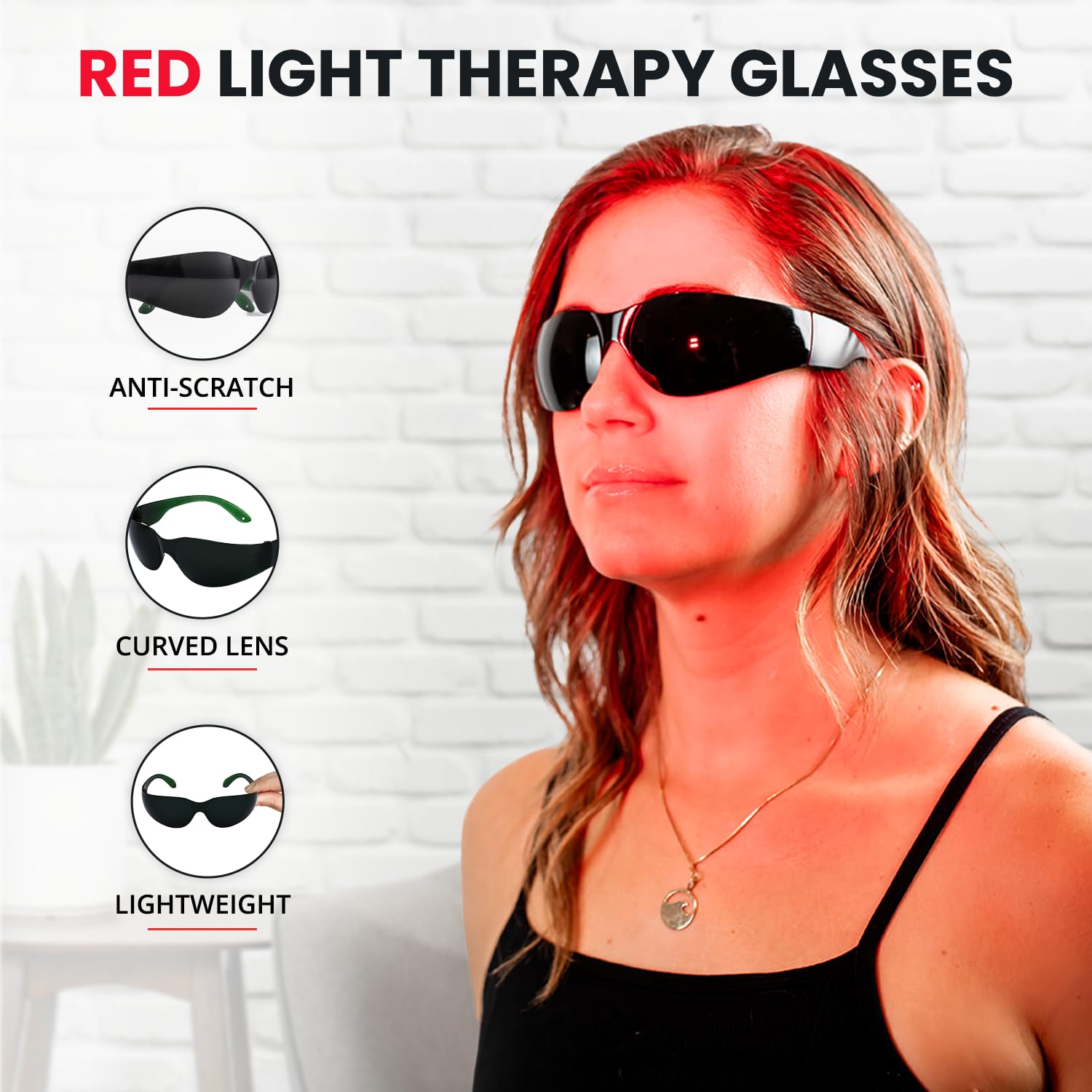 Gafas Mito Red Light para terapia de luz roja con atenuación personalizable.