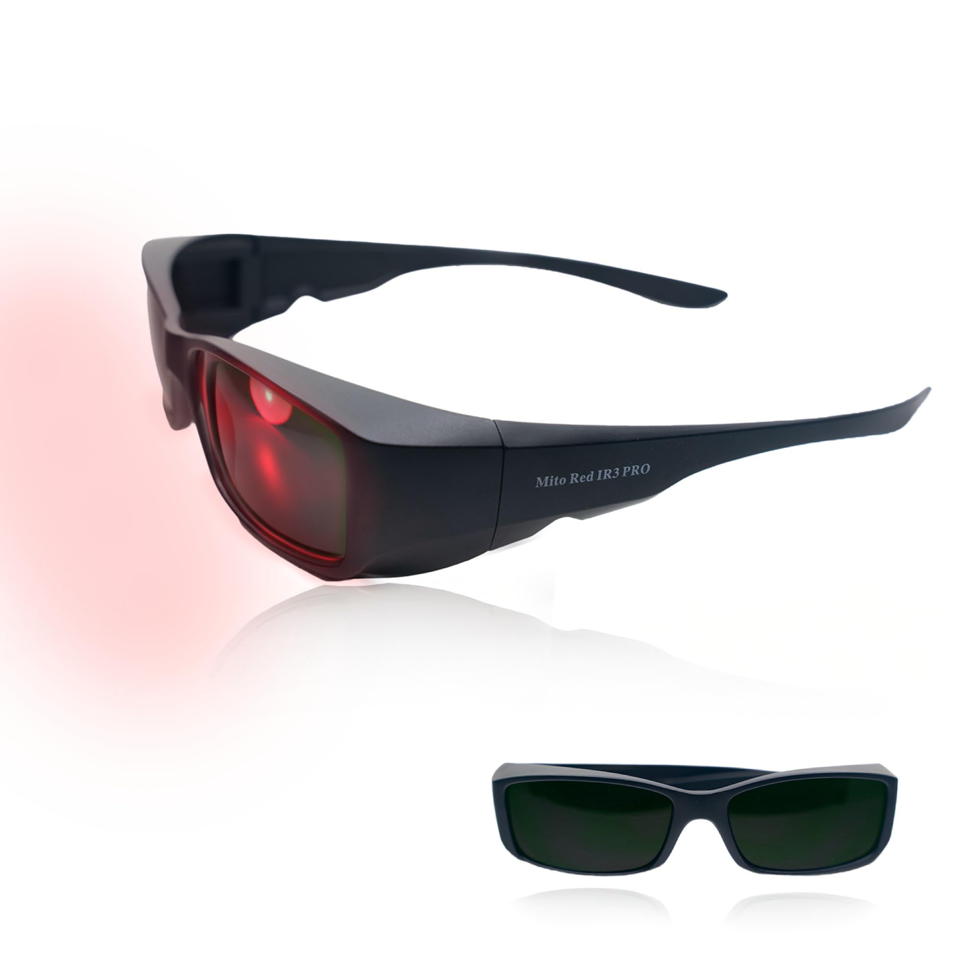 Gafas Mito Red PRO con luz roja oscura para uso cómodo.
