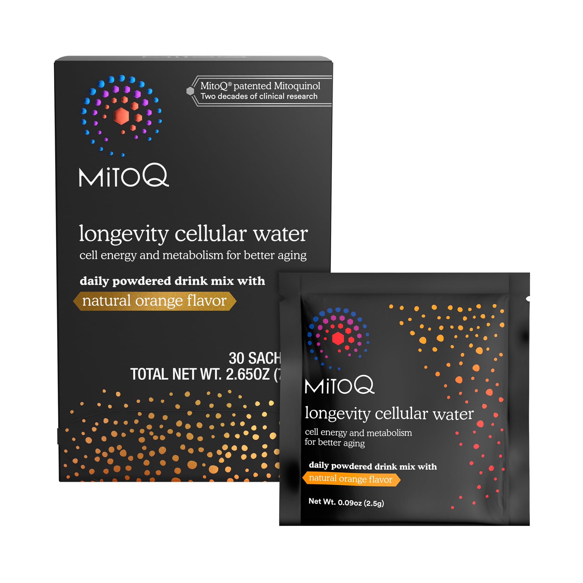 MitoQ Agua Celular de Longevidad en Polvo con sabor naranja listo para empezar el día