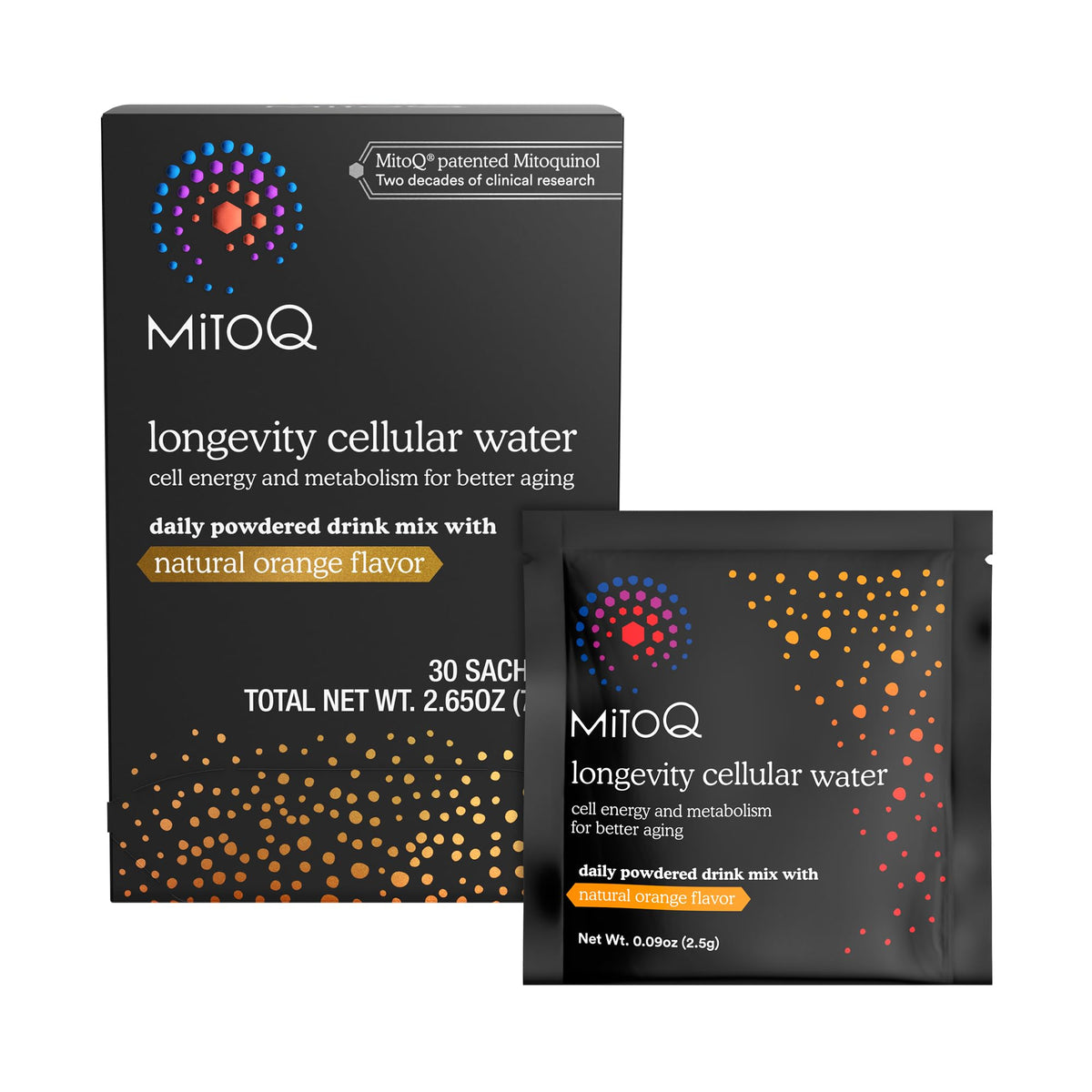MitoQ Agua Celular de Longevidad en Polvo con sabor naranja listo para empezar el día