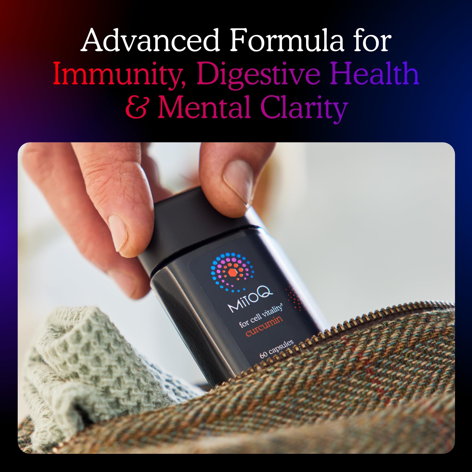 Caja de MitoQ Curcumin Longvida con presentación premium y herramientas prácticas.