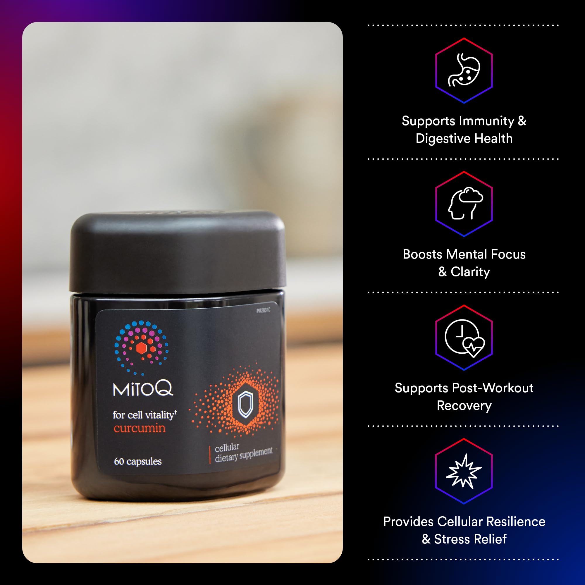 Cápsulas de MitoQ Curcumin Longvida para dosis diaria y antioxidantes.
