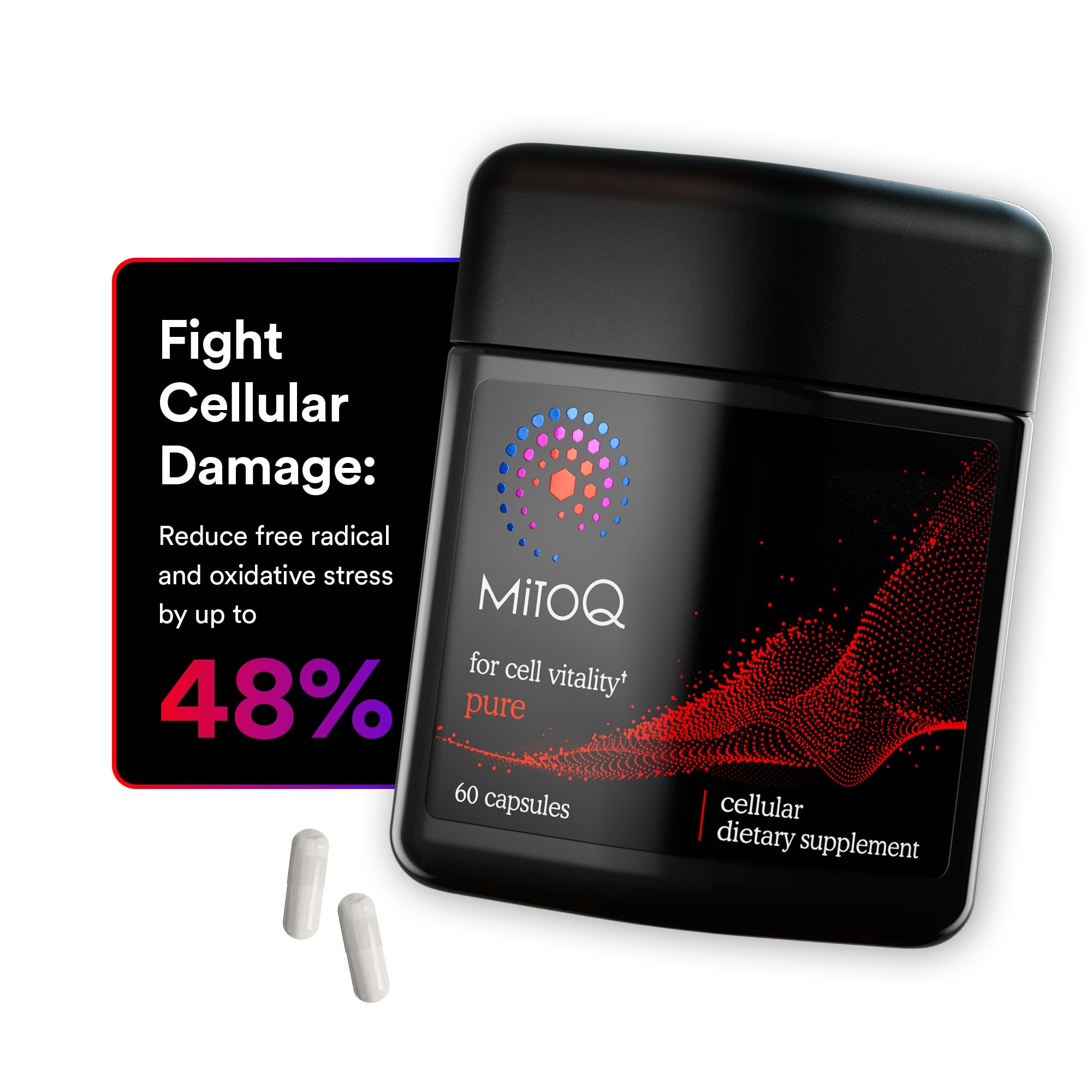 MitoQ Pure bottle front showing a sleek design for daily mitochondrial support