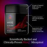 MitoQ Pure: dosis en mano ilustrando manejo práctico para uso cotidiano.