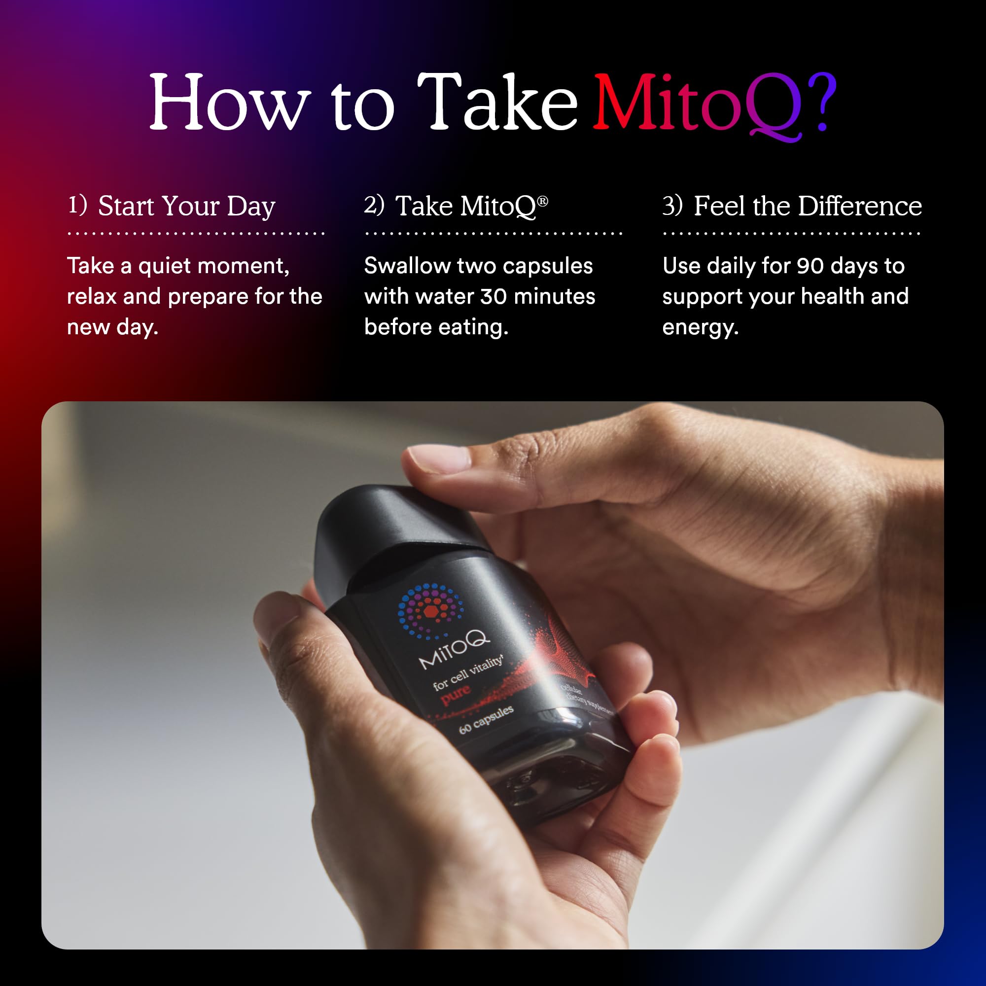 MitoQ Pure: logo y branding asociado a respaldo científico percibido.