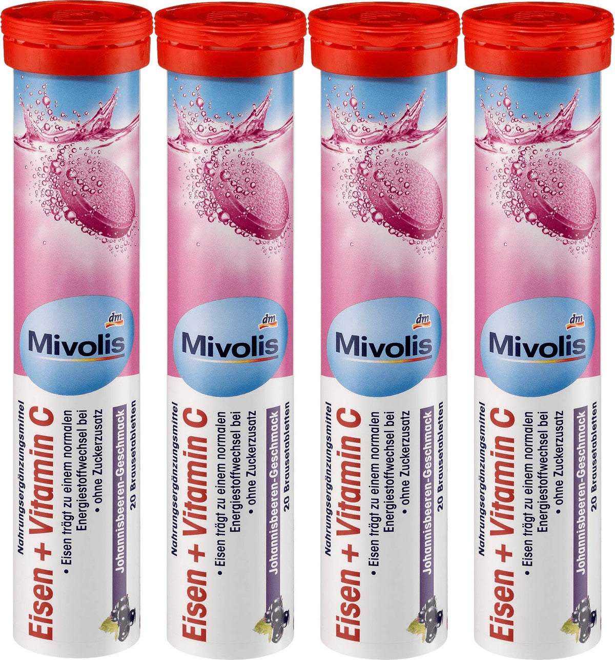 Tabletas efervescentes Mivolis con hierro y vitamina C, apoyo a la energía diaria.
