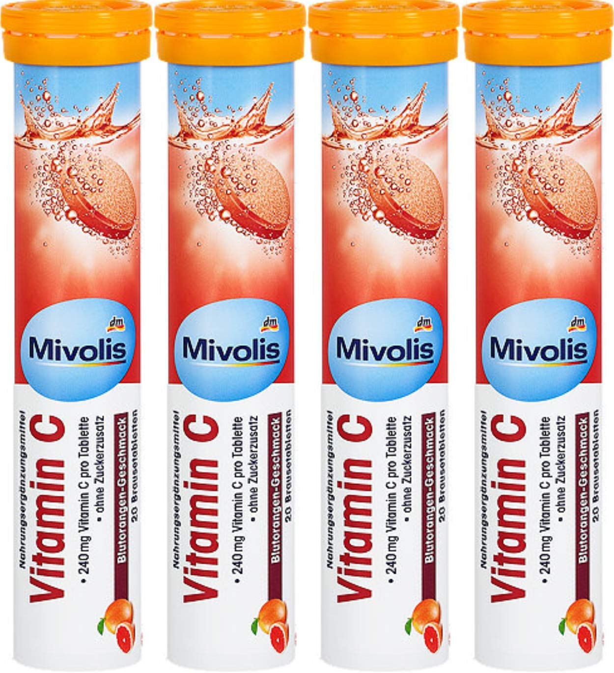Mivolis Vitamina C, tabletas efervescentes sabor naranja, uso diario práctico.