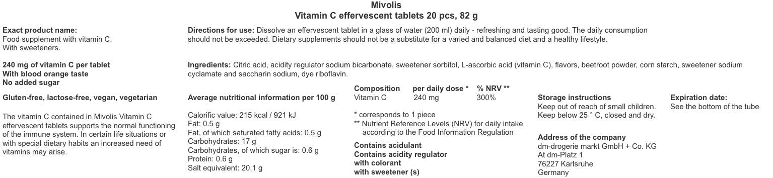 Mivolis Vitamina C, libre de gluten y lactosa, apta para veganos.