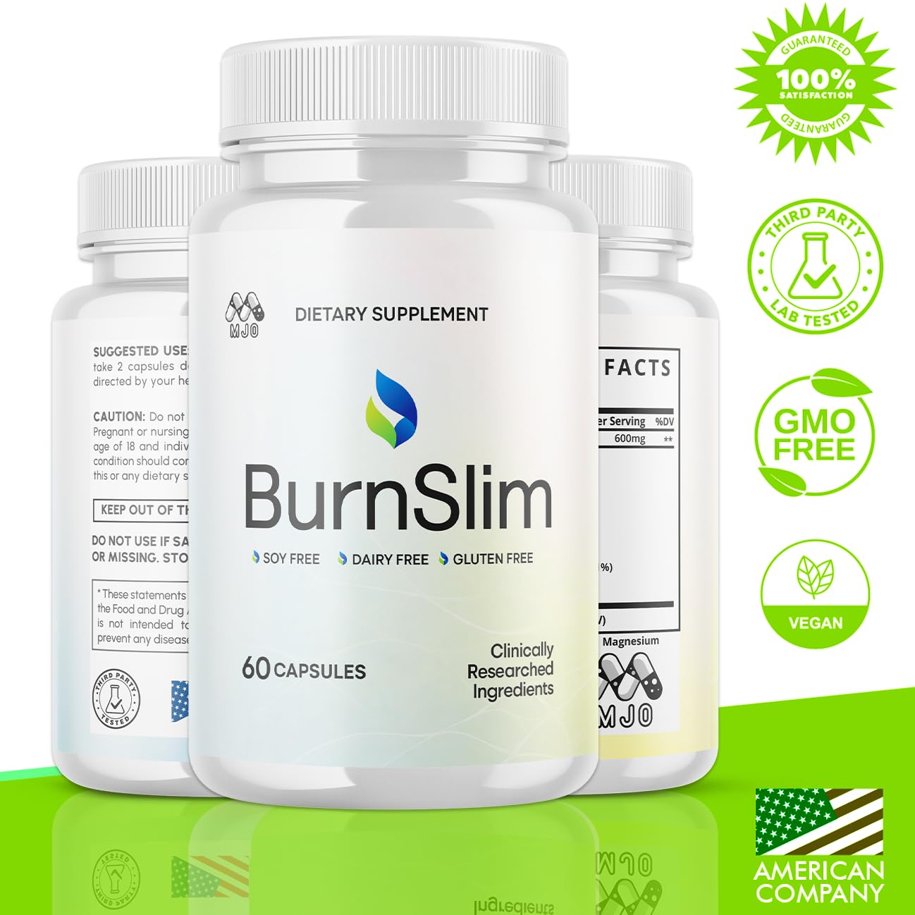 Paquete de tres botellas Burn Slim de MJO para conveniencia diaria.