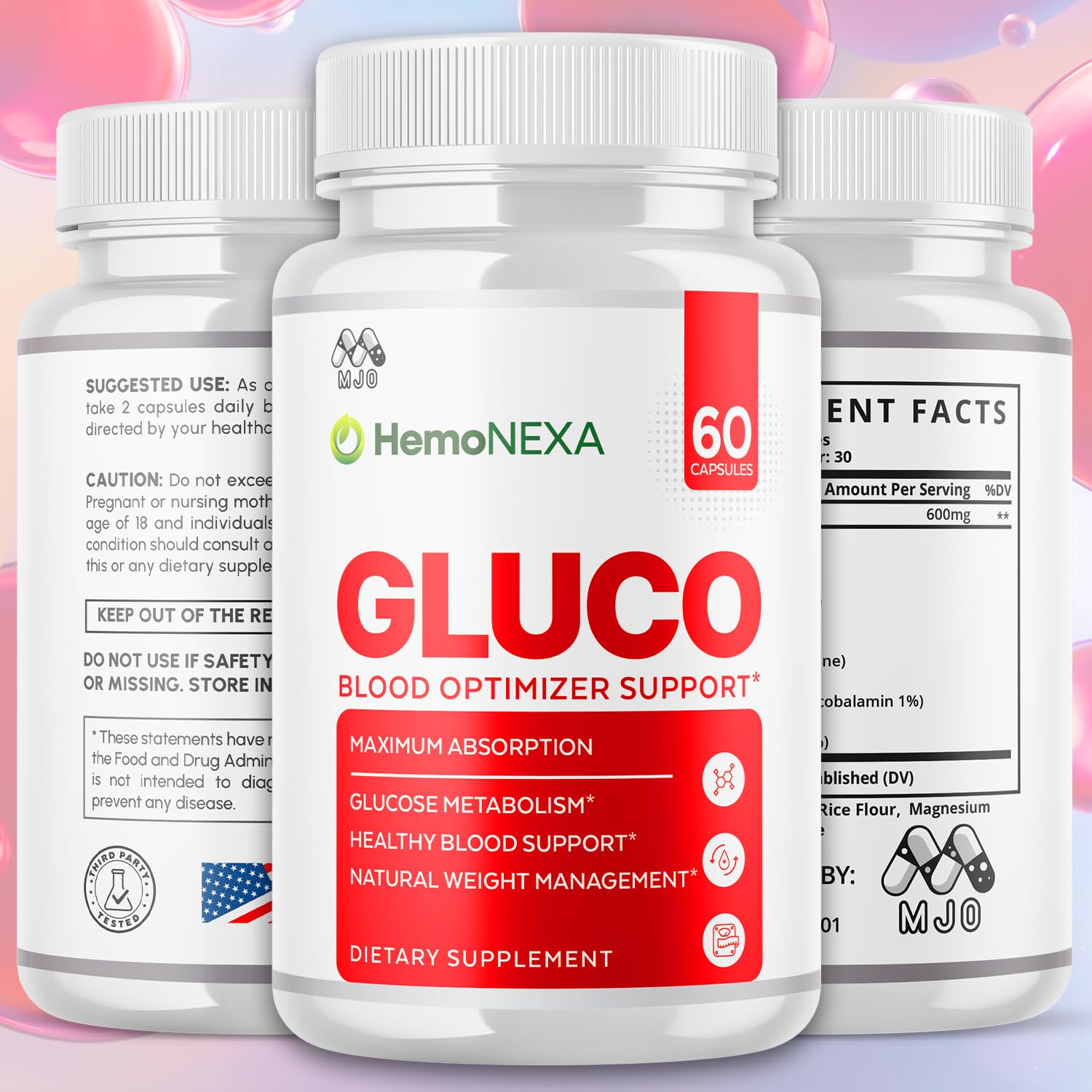 Etiqueta frontal de HemoNexa resalta ingredientes naturales para uso diario.