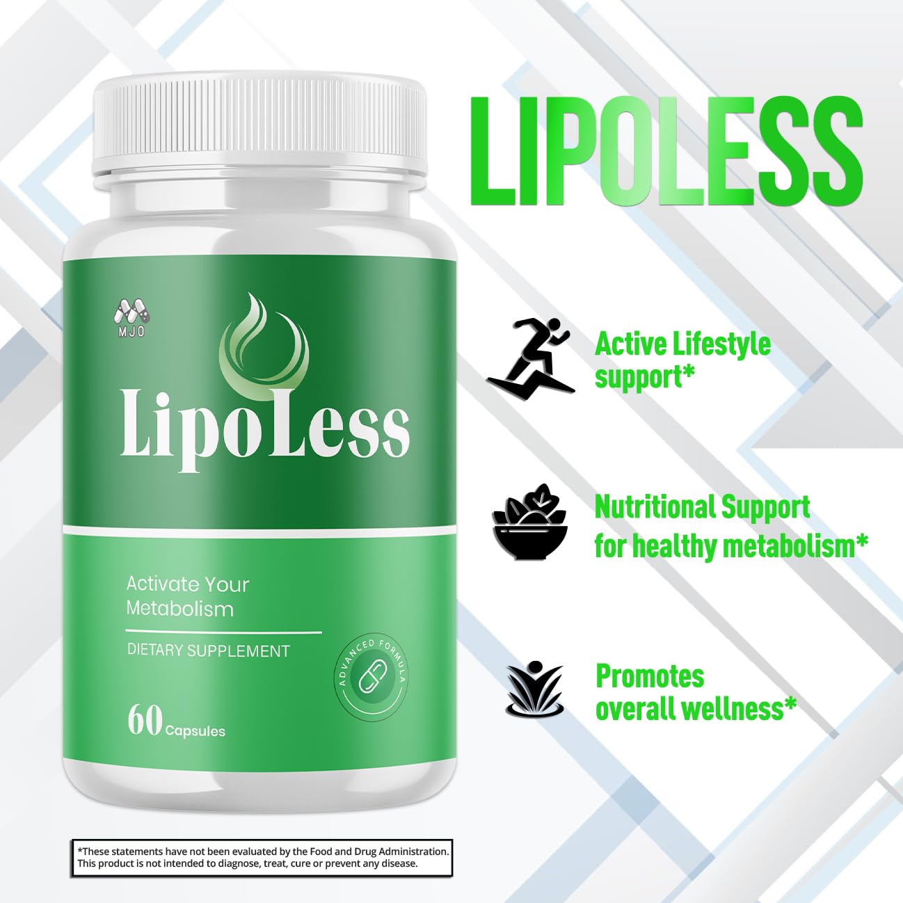 Frente del envase LipoLess de MJO, ingredientes naturales para energía sostenida.