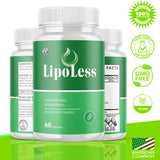 Etiqueta frontal de LipoLess de MJO, mostrando ingredientes naturales para bienestar.