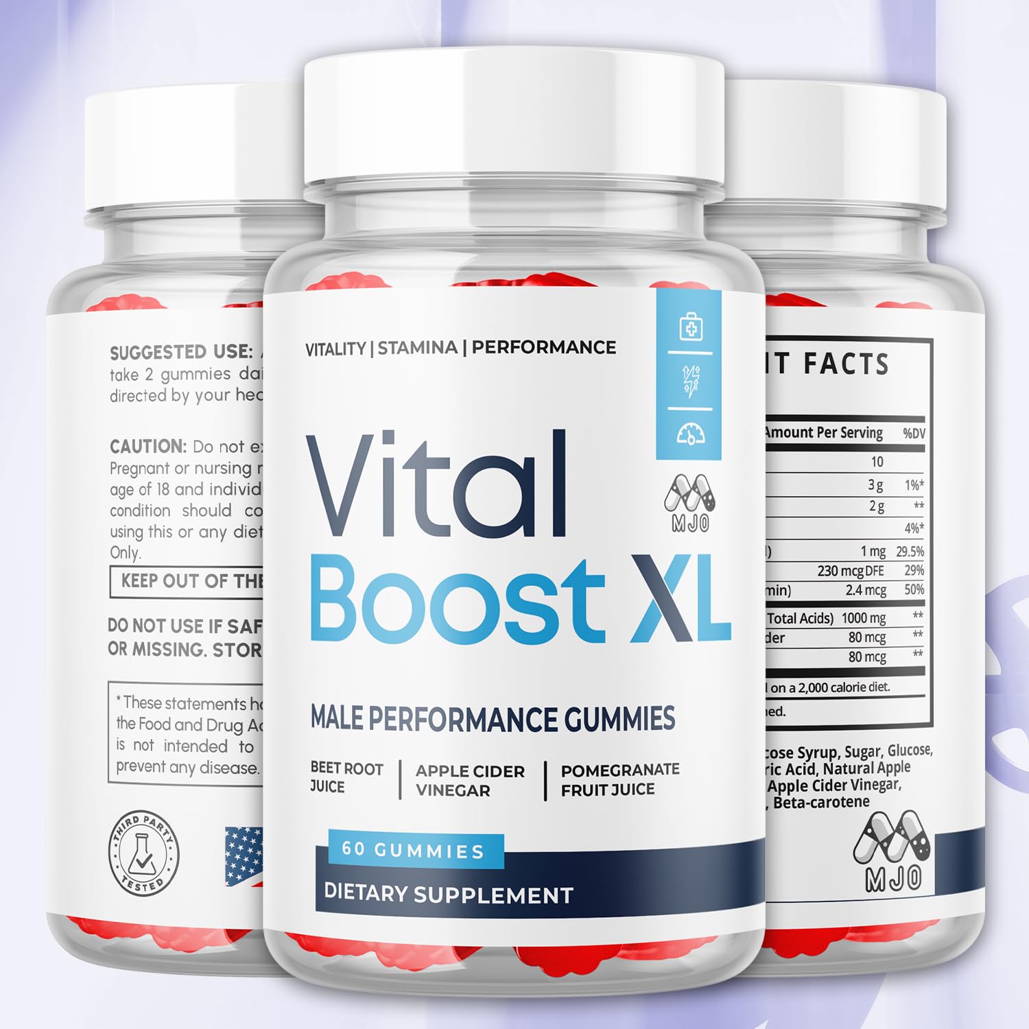Etiqueta de Gomitas Vital Boost XL con ingredientes naturales de alta calidad