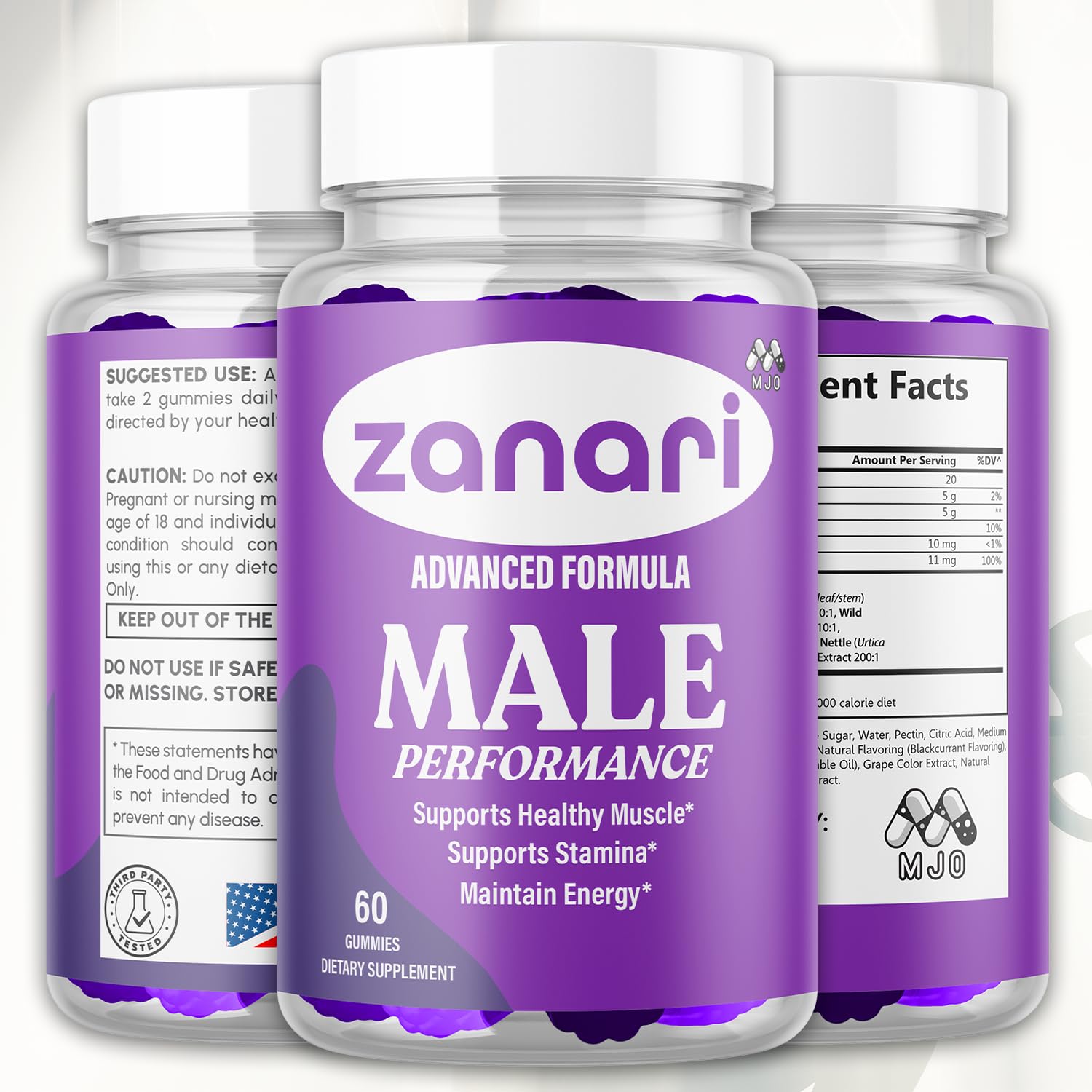 MJO Zanari gomitas: etiqueta con información de ingredientes naturales.