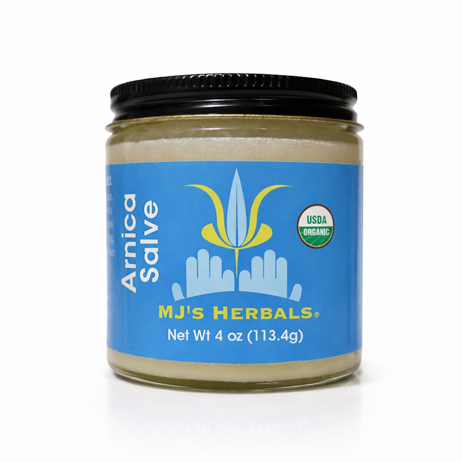 MJ's Herbals Arnica Salve 4oz en botella, aplicación suave para piel sensible.
