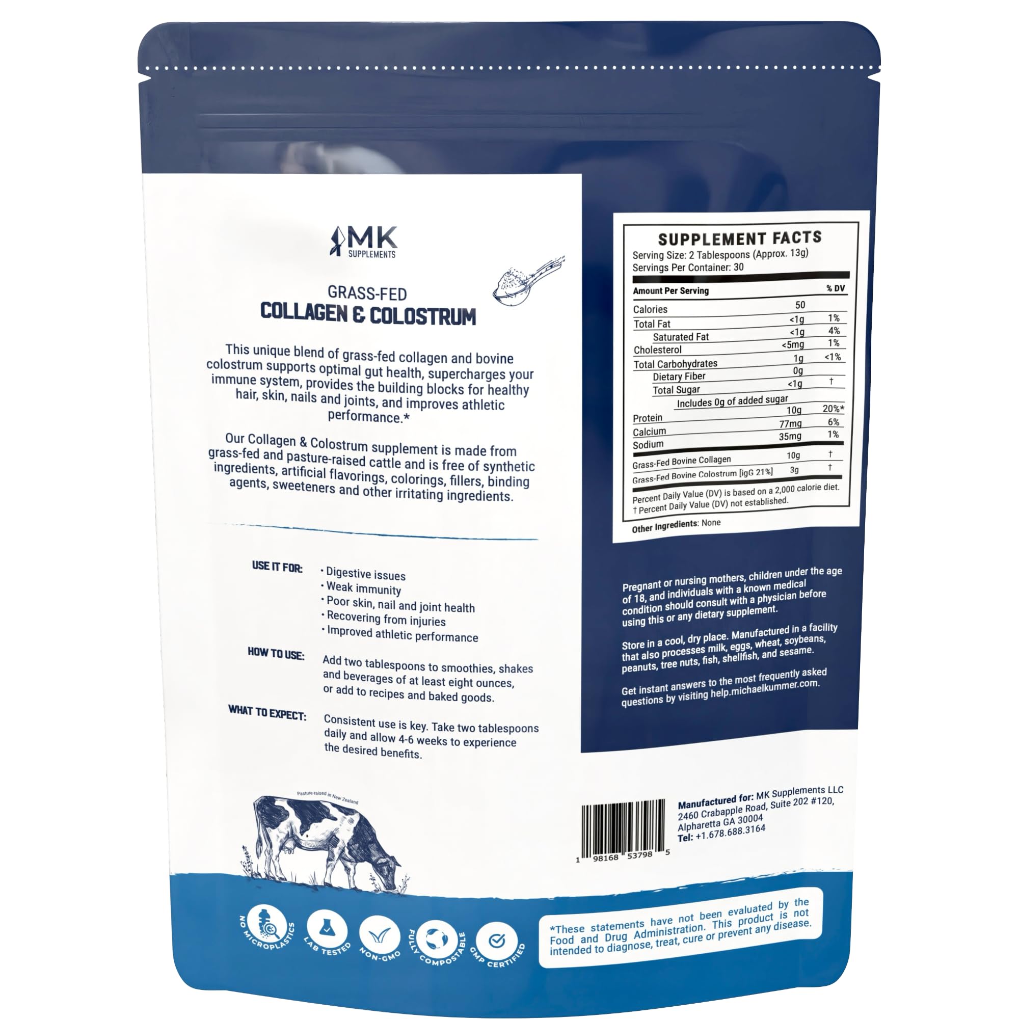 MK Supplements Colageno Colostro cuchara medicion para porciones precisas.