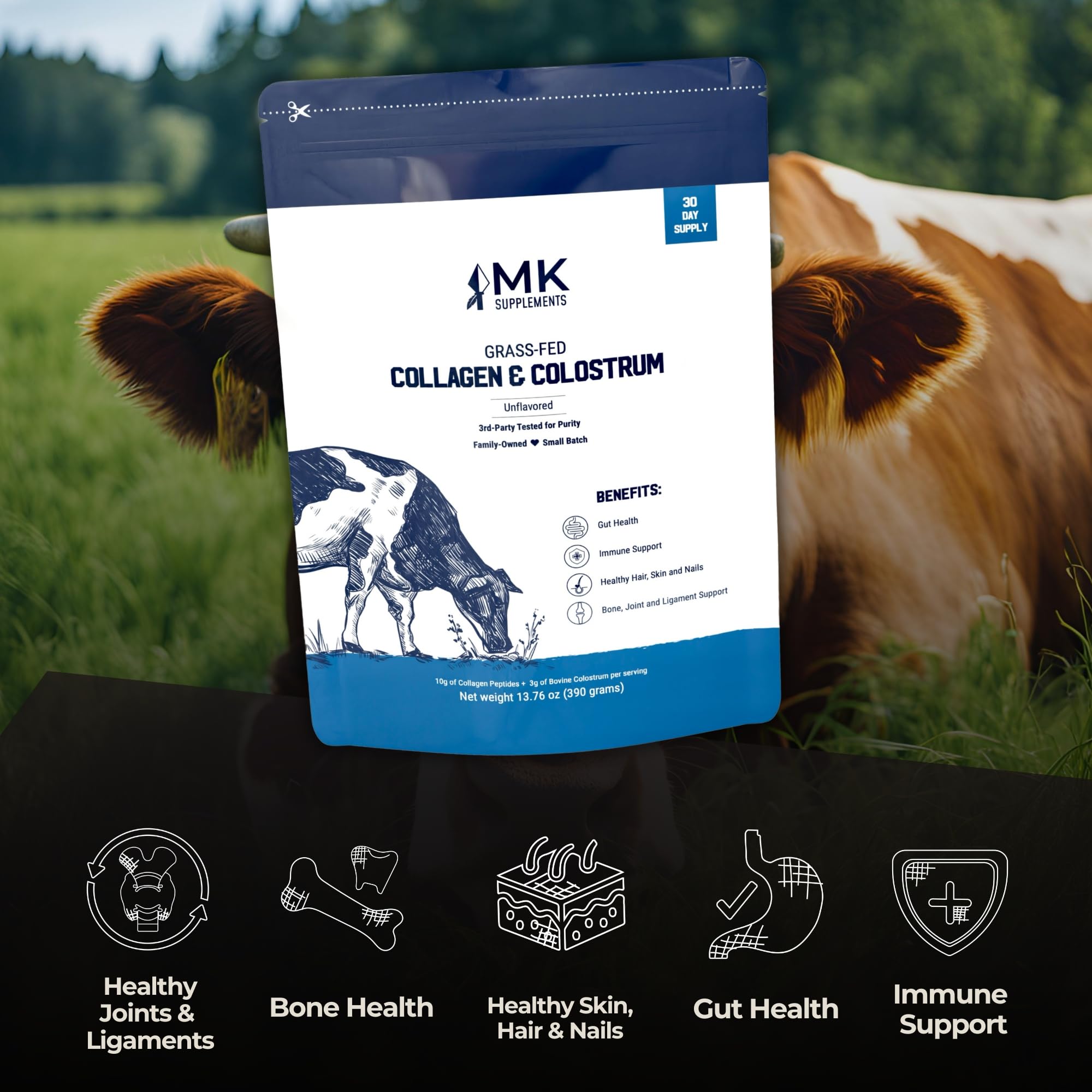 MK Supplements Colageno Colostro etiqueta frontal informa ingredientes.