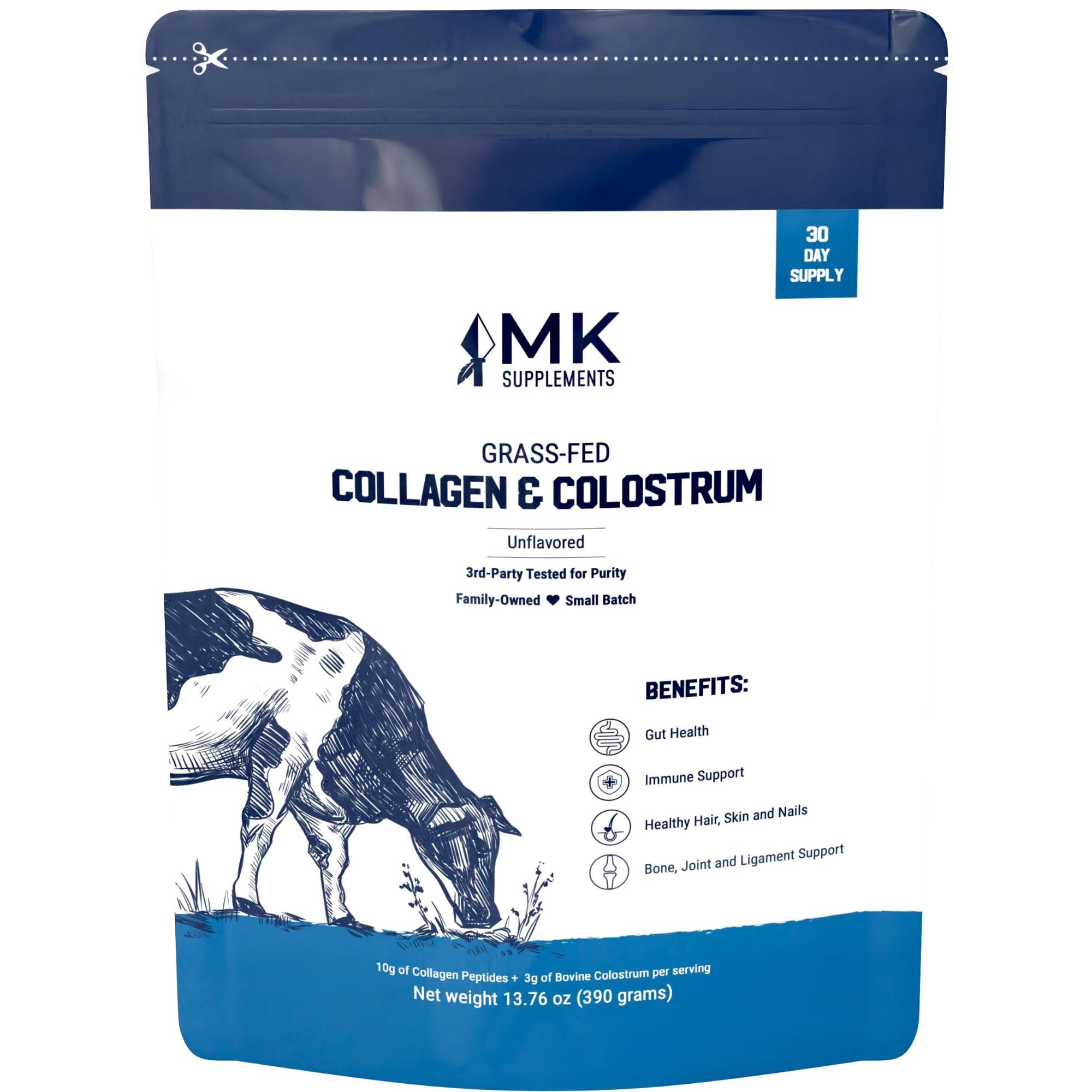 MK Supplements Colageno Colostro polvo bote, ideal para apoyar piel y articulaciones.