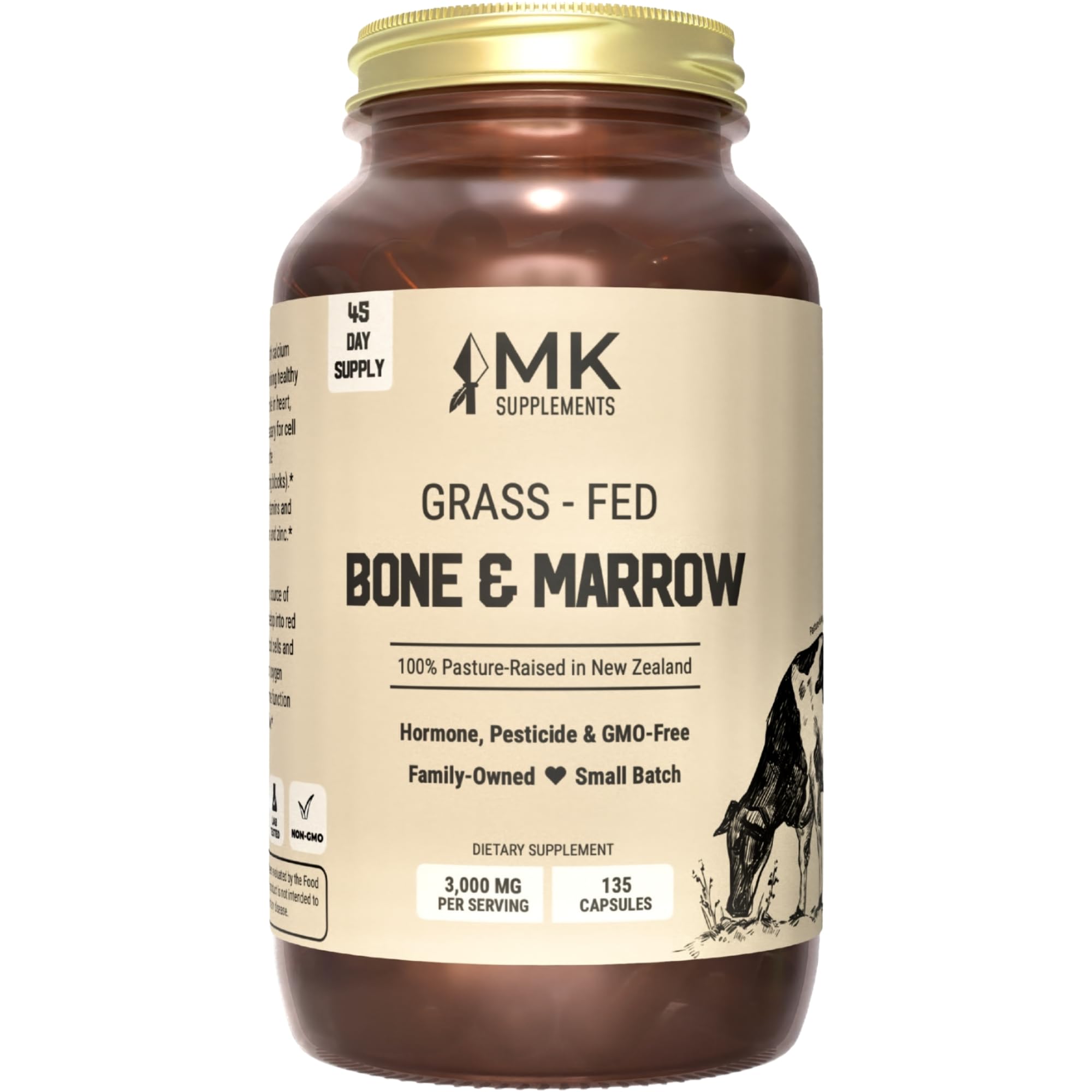 MK Supplements Hueso y Médula en bote de vidrio con tapa metálica para mayor pureza
