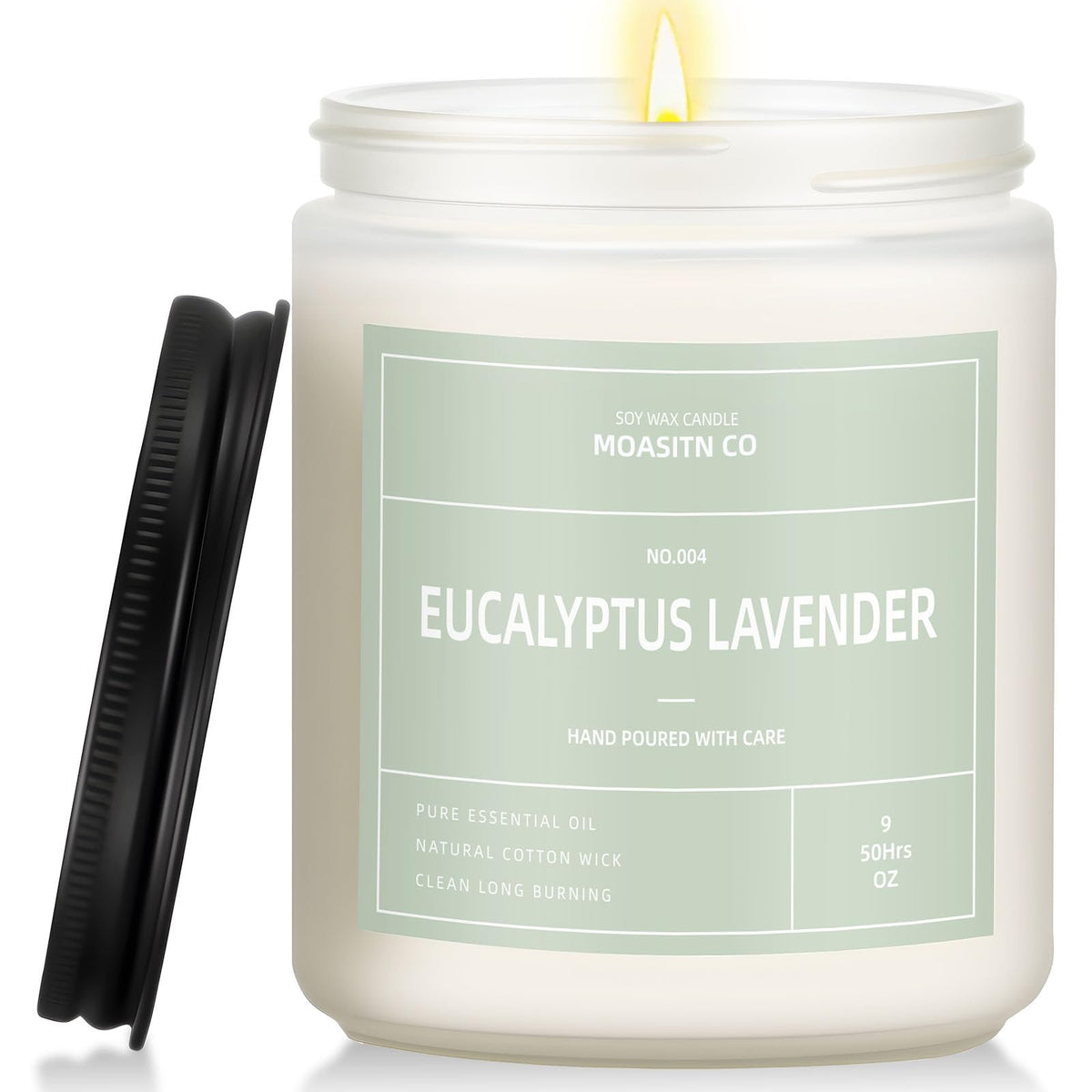 Vela MOASITN eucalipto-lavanda sobre superficie para aromatizar espacios.