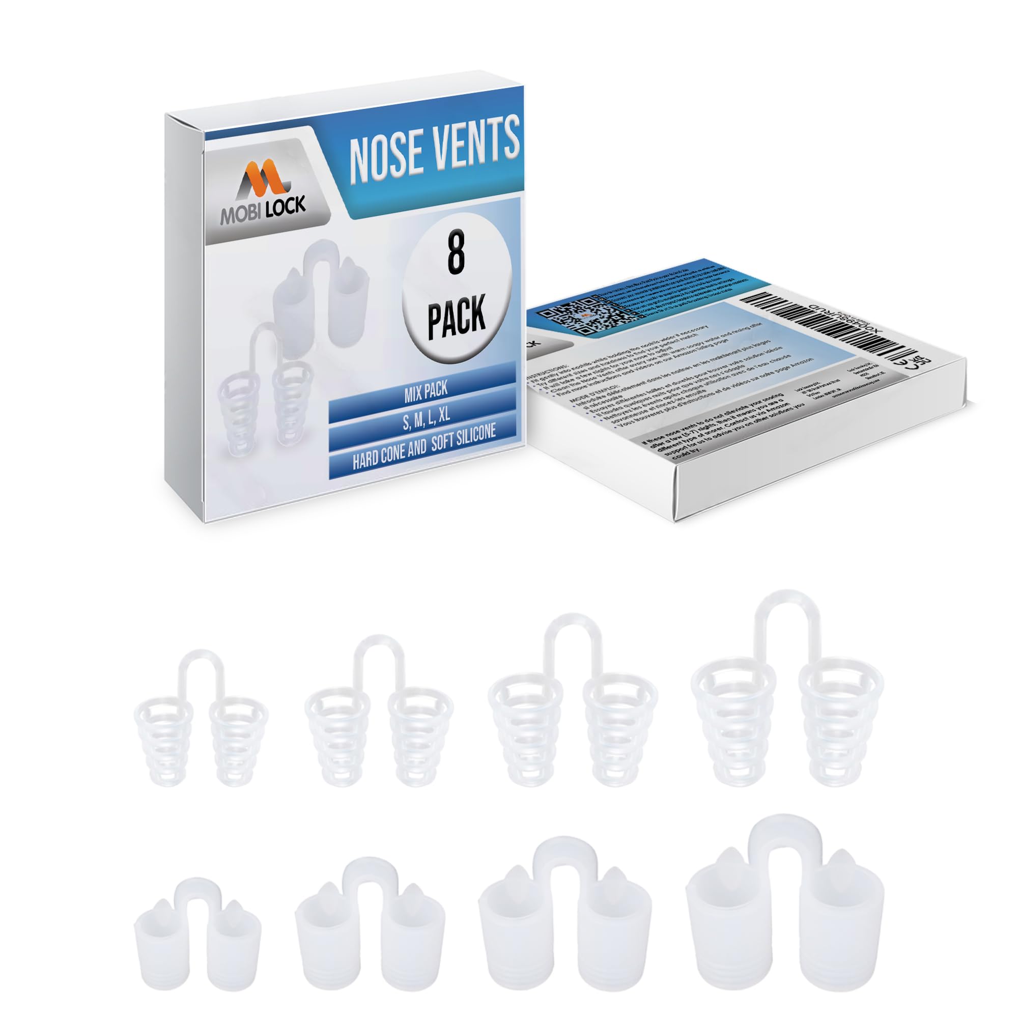 Dilatadores nasales Mobi Lock: conjunto de 8 tallas para ajuste cómodo durante la noche.