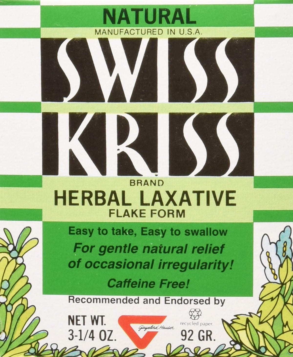 Modern Products Swiss Kriss hojuelas laxantes herbales, sabor suave para apoyo digestivo.