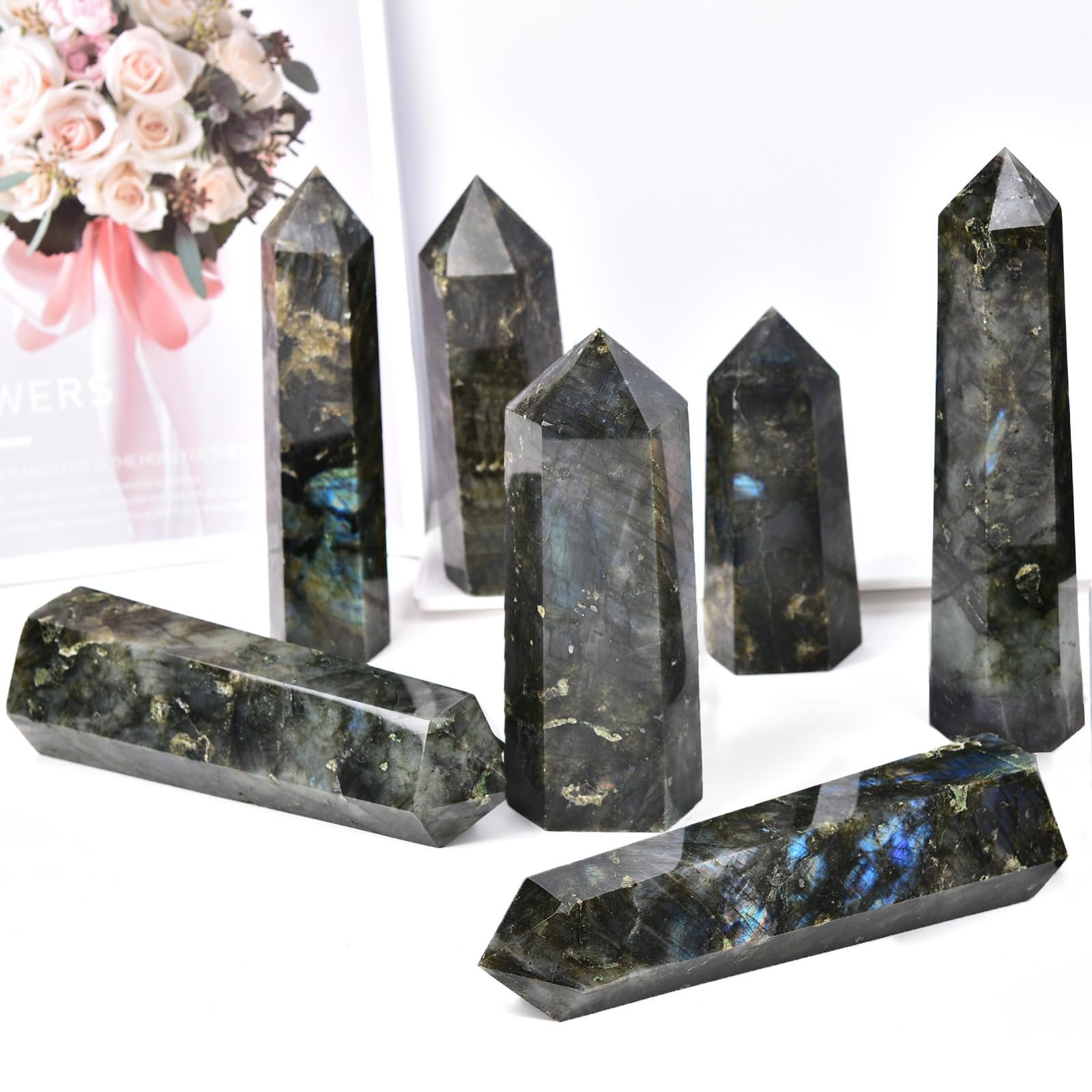 MOGEMT Labradorita: torre 6 facetas para altar o rejillas de cristales, facilita equilibrio y flujo positivo.