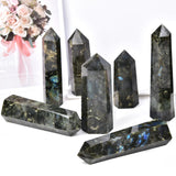 MOGEMT Labradorita: torre 6 facetas para altar o rejillas de cristales, facilita equilibrio y flujo positivo.