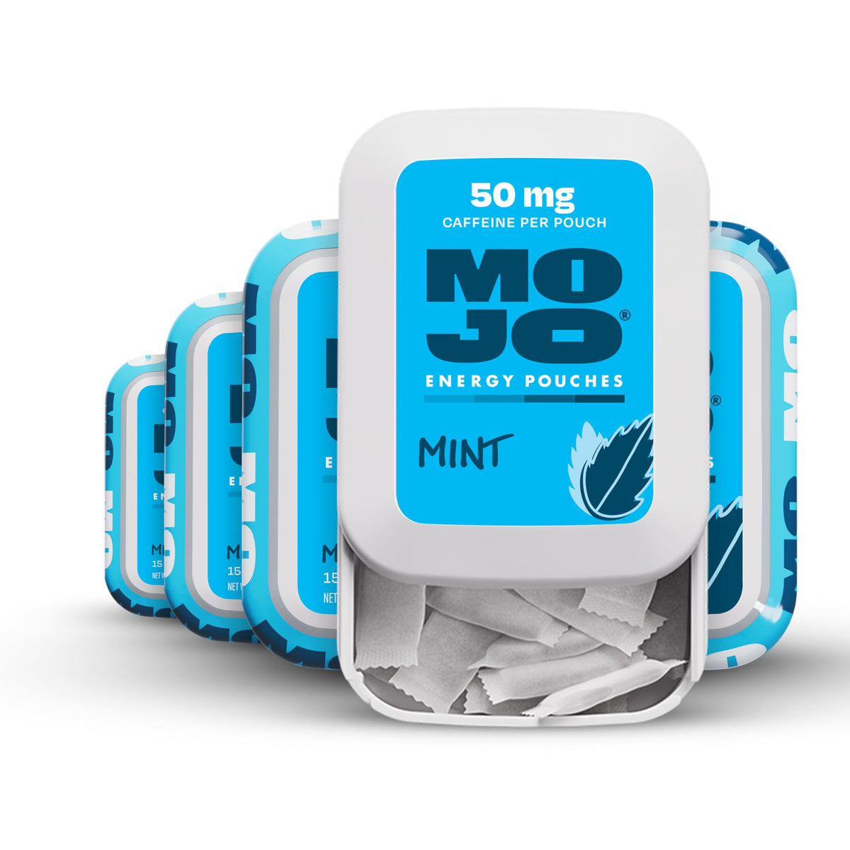 MOJO Bolsitas de Energía Menta, empaque frontal, energía rápida sin azúcar.