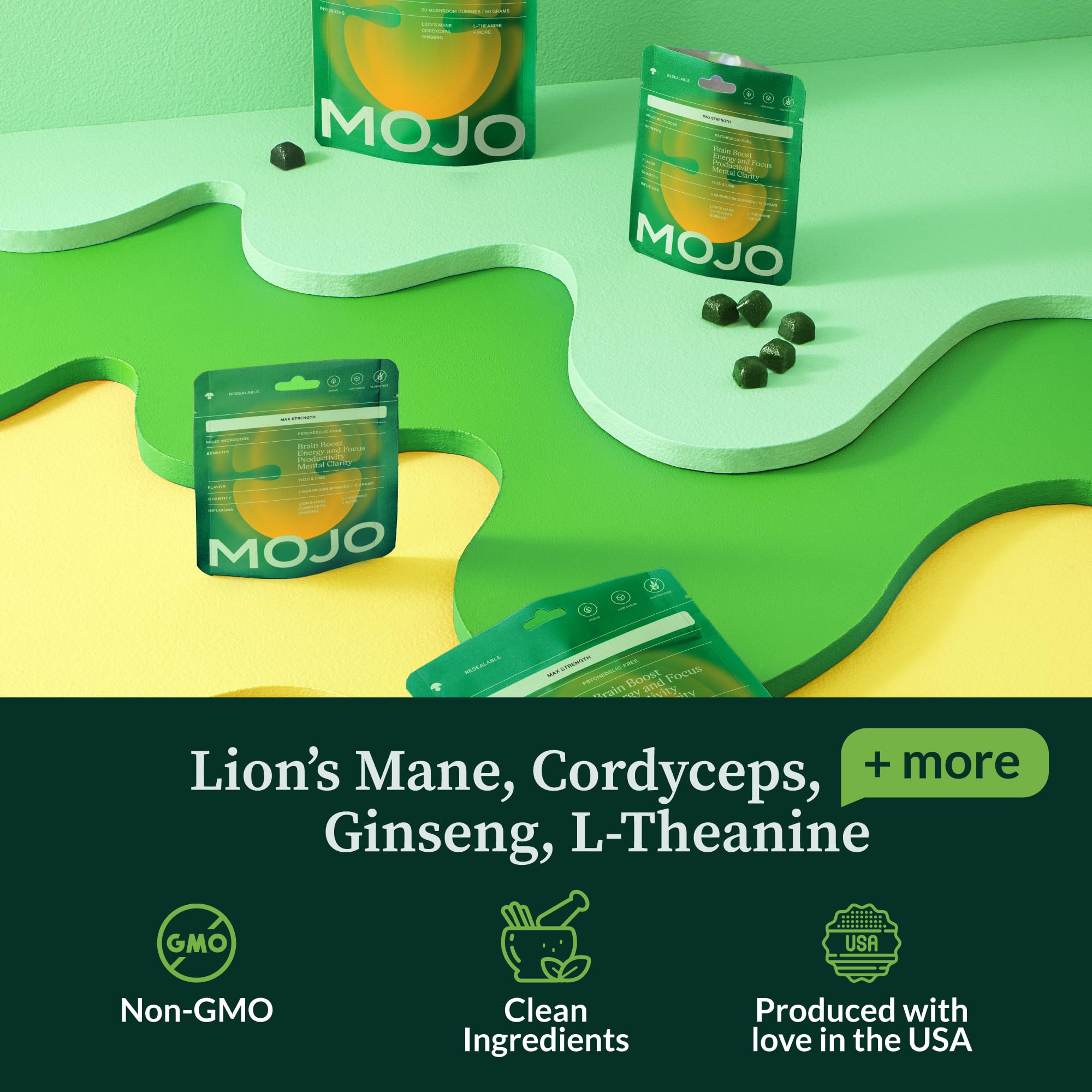 Mojo gomas foco cordyceps, energía sostenida para la jornada