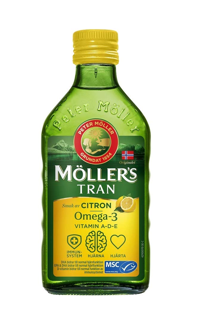 MÖLLER'S Tran de Bacalao en botella, sabor limón, con Omega-3 para bienestar diario.