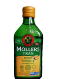 MÖLLER'S Tran de Bacalao, etiqueta mostrando DHA y EPA para visión y memoria.