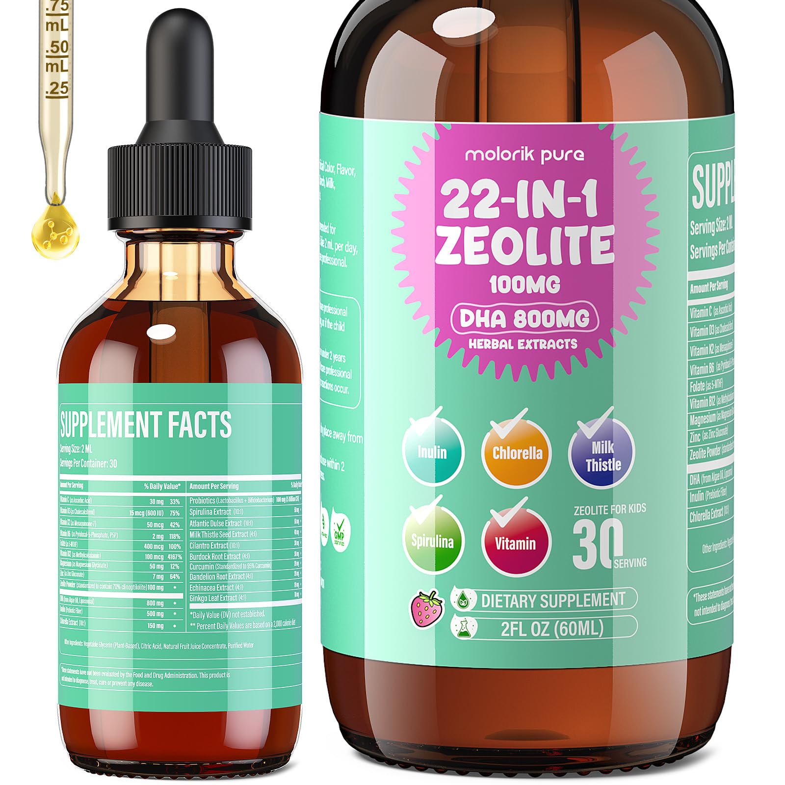 Molorik Pure Zeolita Detox para niños en botella, apoyo suave para la desintoxicación diaria