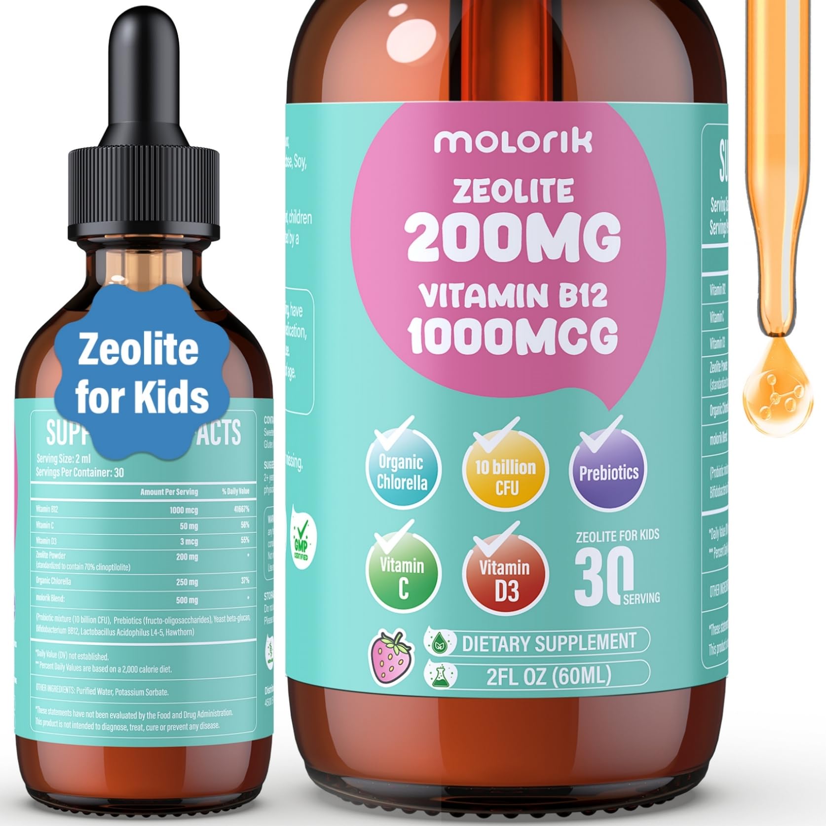 Molorik Pure Zeolita Drops, botella con gotero para apoyo digestivo diario.