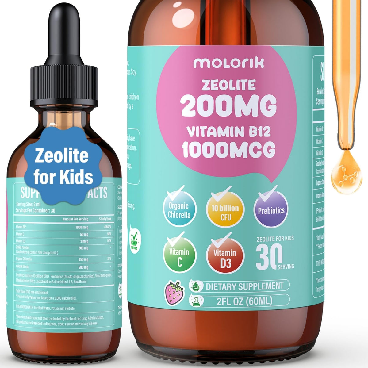 Molorik Pure Zeolita Drops, botella con gotero para apoyo digestivo diario.