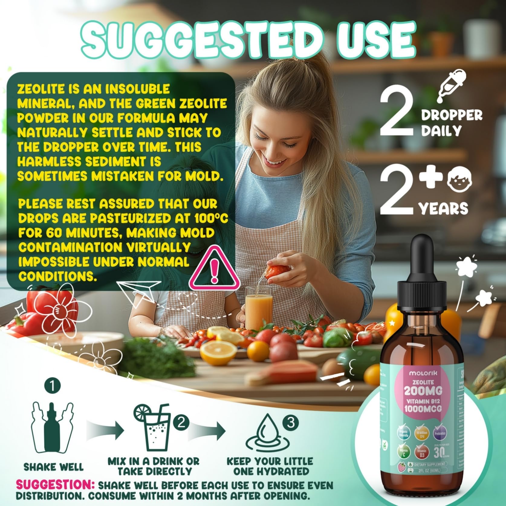 Molorik Pure Zeolita Drops para niños y adultos, fórmula suave.
